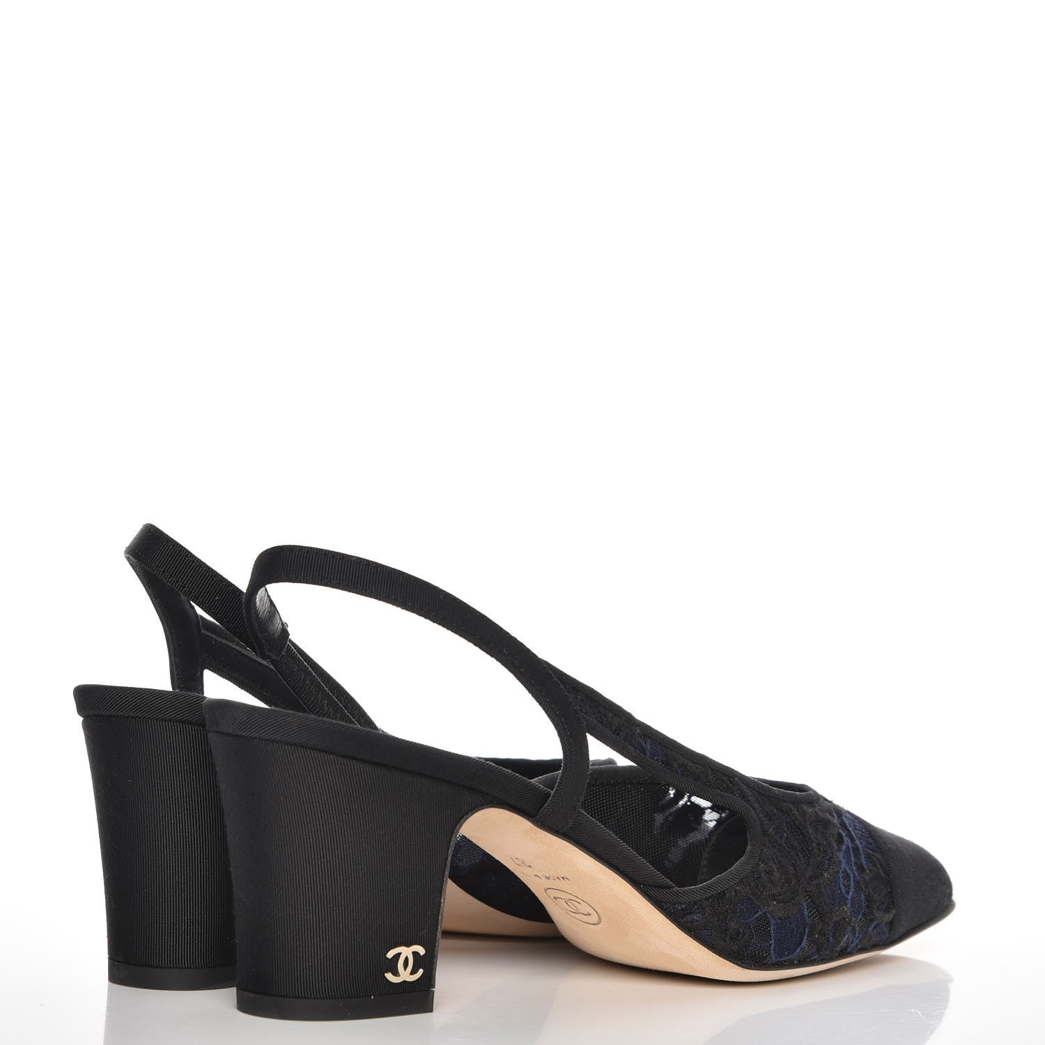 Chanel Lace Grosgrain Cap Toe CC Slingback Pumps 37 Navy Black 4 of 9