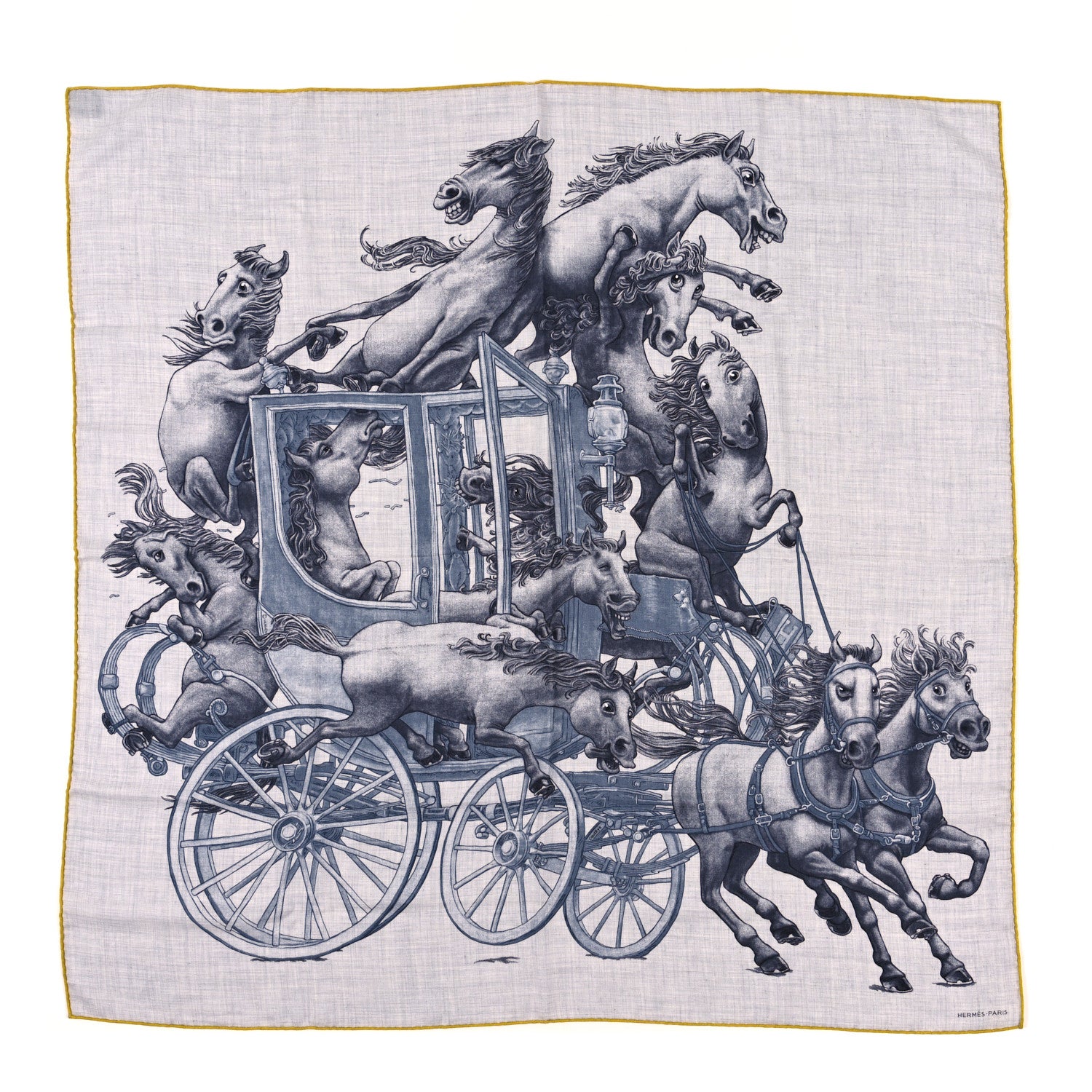 Hermes Cashmere Silk Grand Carrosse Royal Scarf 100 Gris Chine Gris Jaune 1 of 3