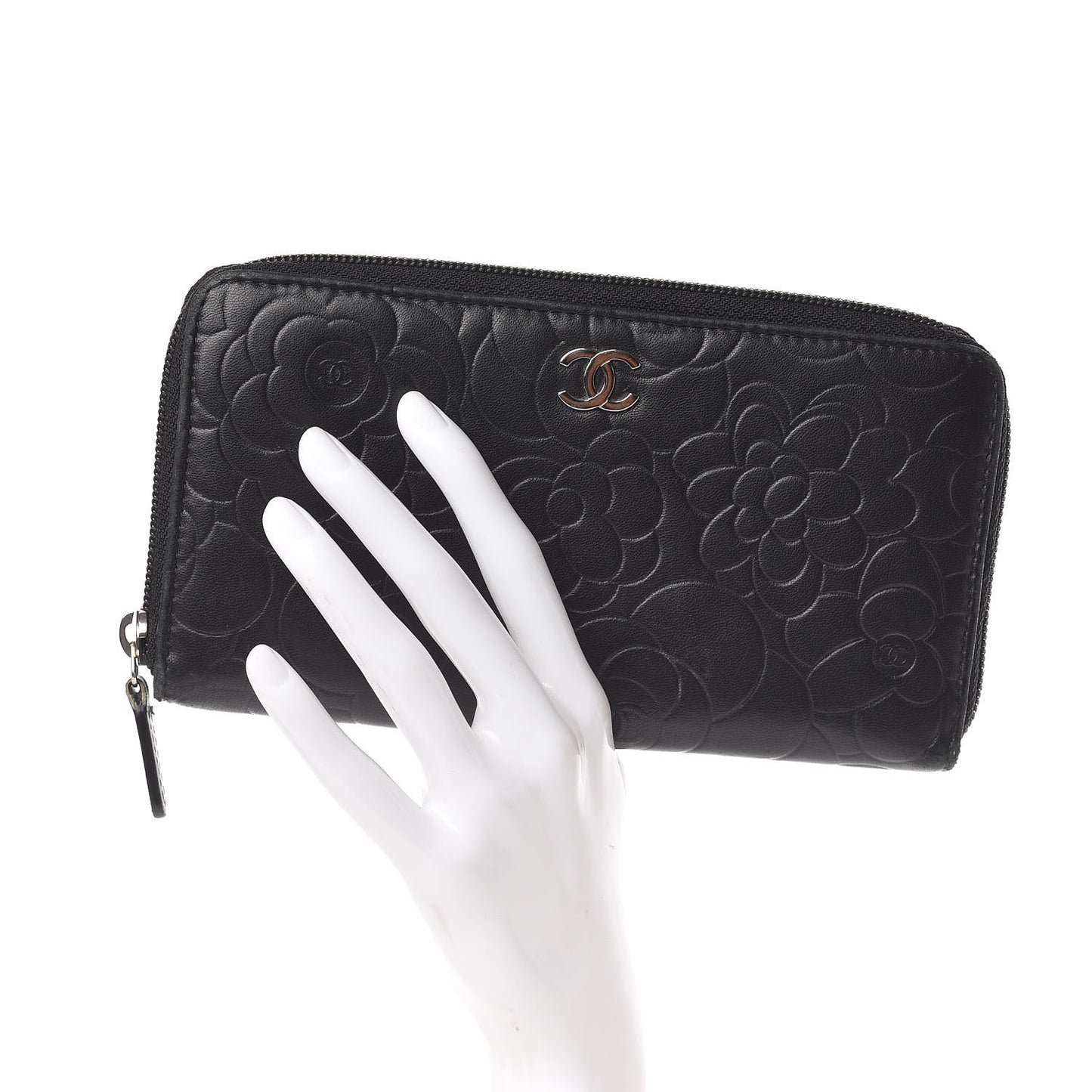 Lambskin Camellia Embossed Large Zip Around Gusset Wallet Black