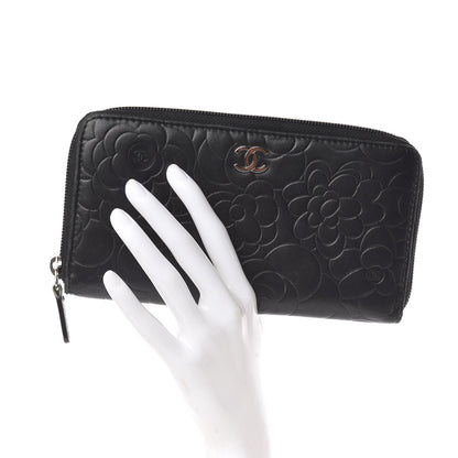 Chanel Lambskin Camellia Embossed Large Zip Around Gusset Wallet Black 2 of 9