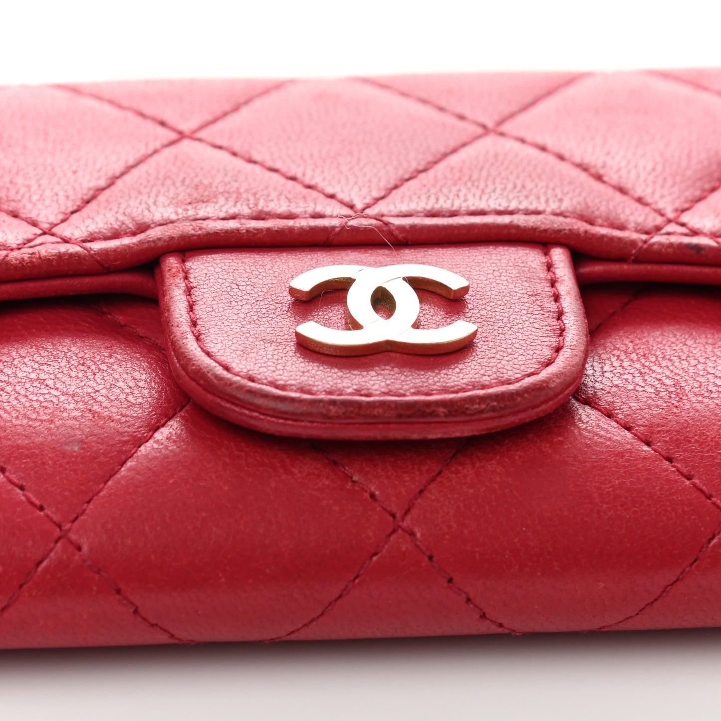 Lambskin Quilted Flap Card Holder Dark Pink