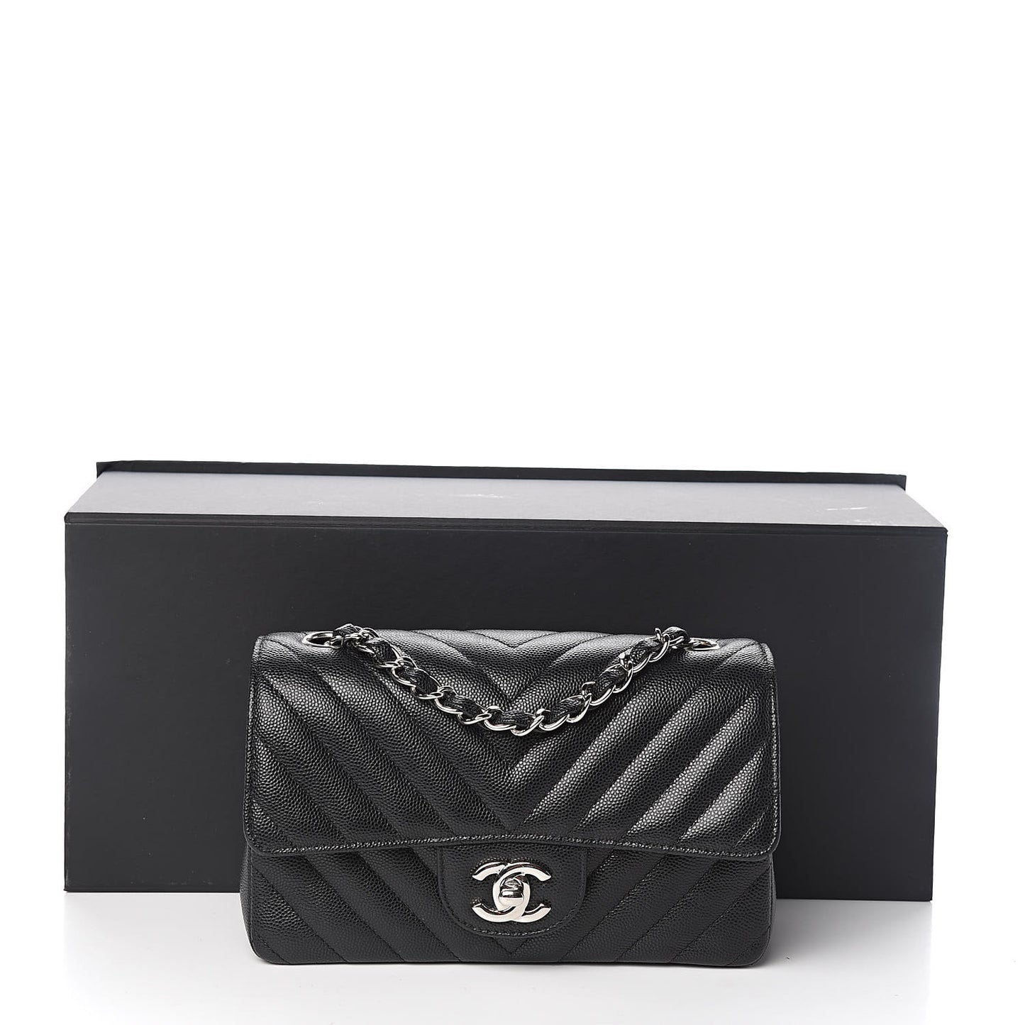 Caviar Chevron Quilted Mini Rectangular Flap Black
