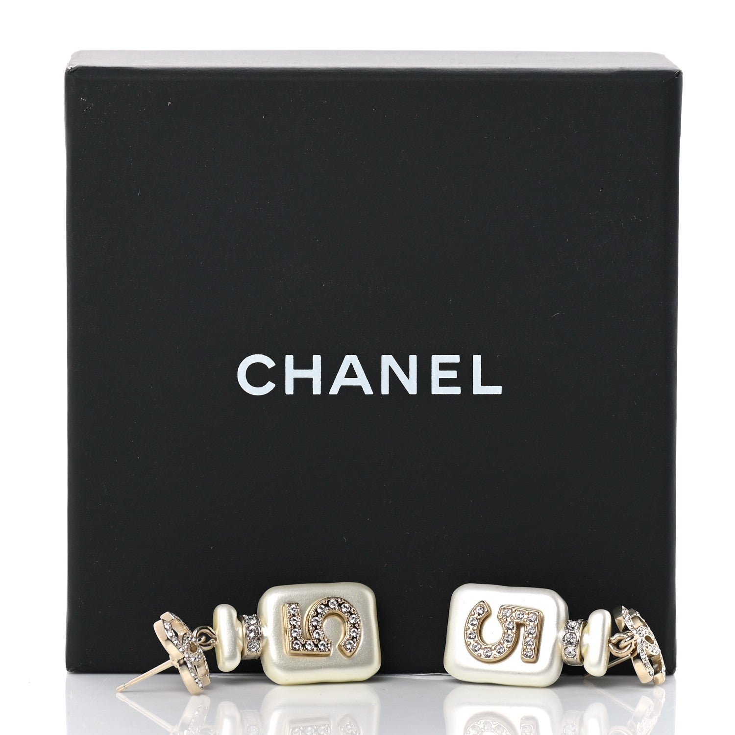 Chanel Pearl Resin Crystal CC No 5 Perfume Bottle Drop Earrings Gold Pearly White 5 of 5