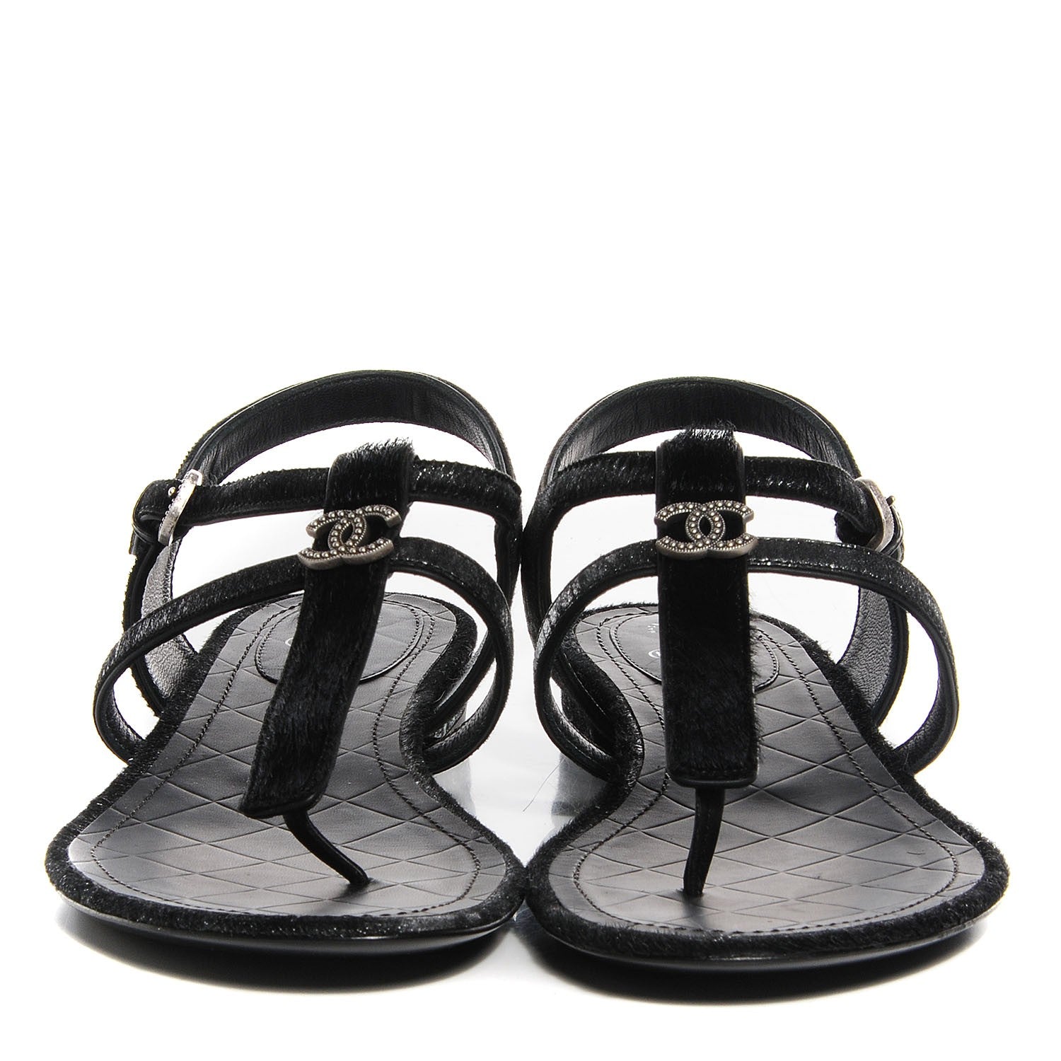 Chanel Pony Hair CC Thong Sandals 38.5 Black Silver 2 of 7
