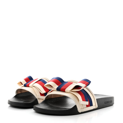 Gucci Satin Web Sylvie Bow Slide Sandals 39 White 3 of 8
