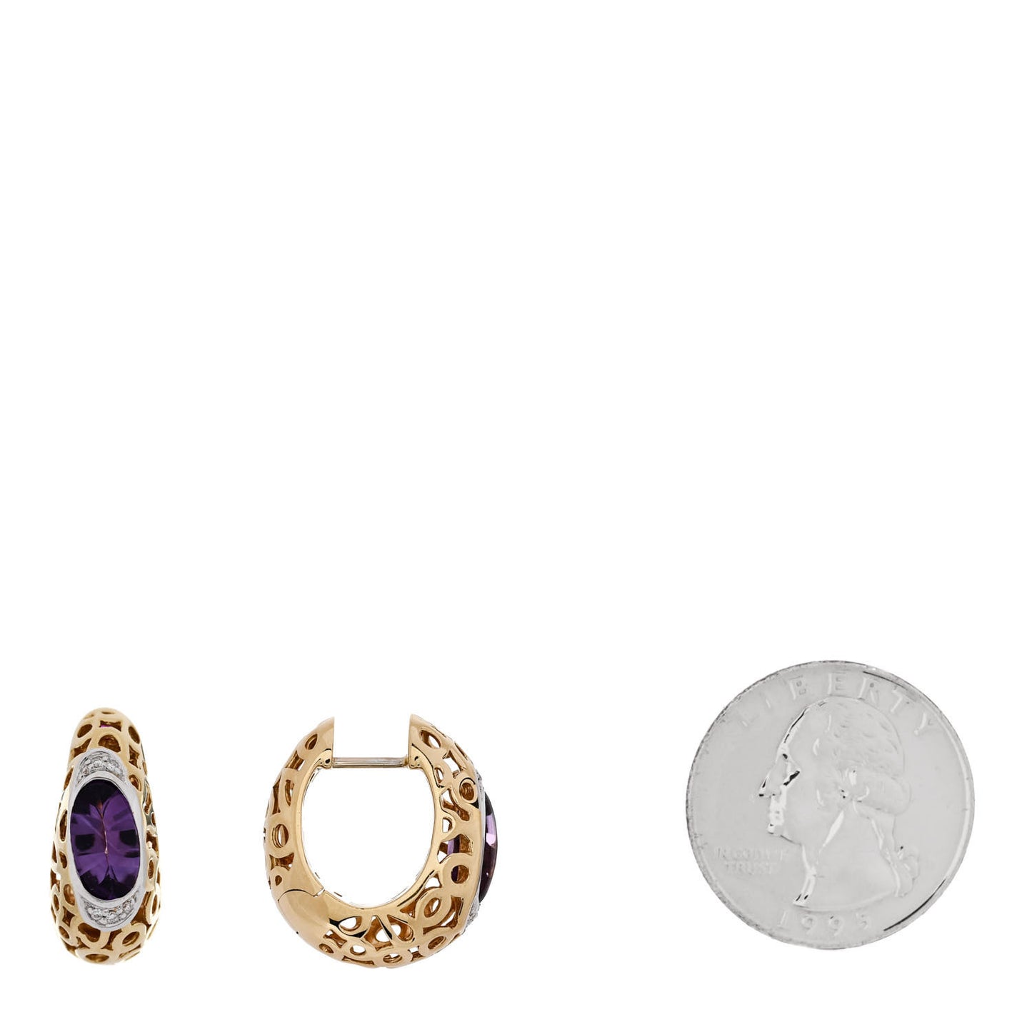 18K Yellow White Gold Diamond Amethyst Mauresque Hoop Earrings