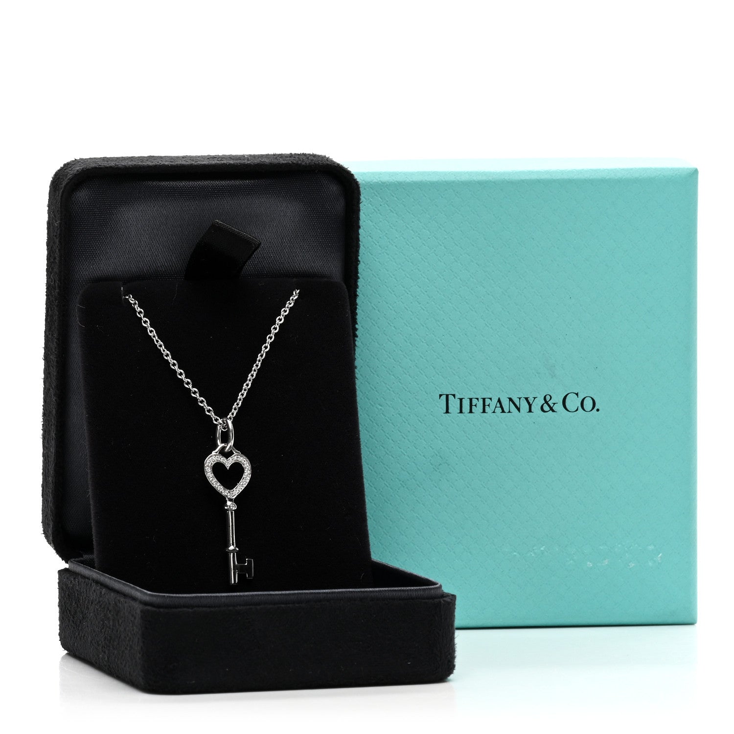 Tiffany 18K White Gold Diamond Mini Heart Key Charm Pendant Link Necklace 5 of 5