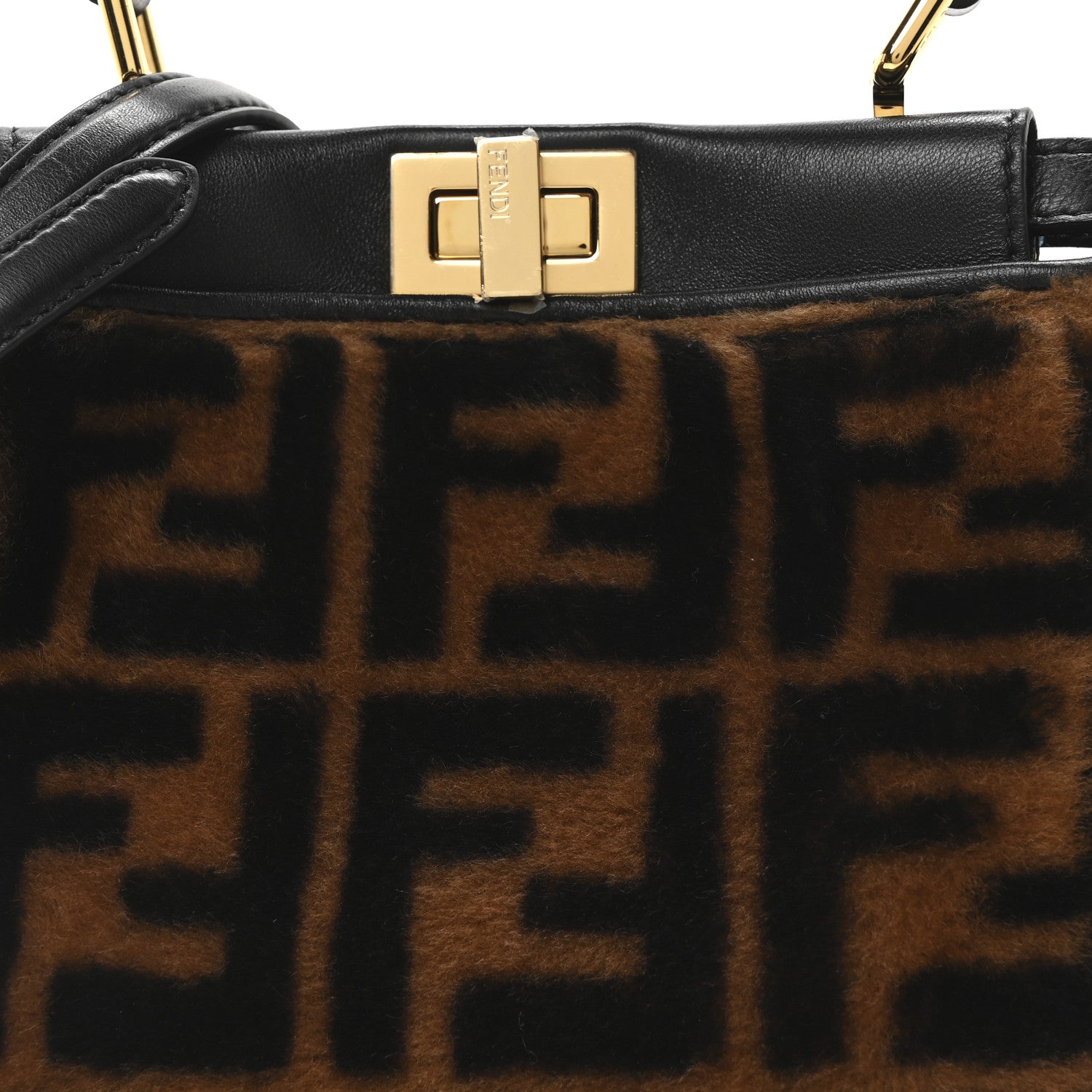 Fendi Shearling Nappa Macro FF 1974 Mini Peekaboo Iconic Satchel Tobacco Black 7 of 9