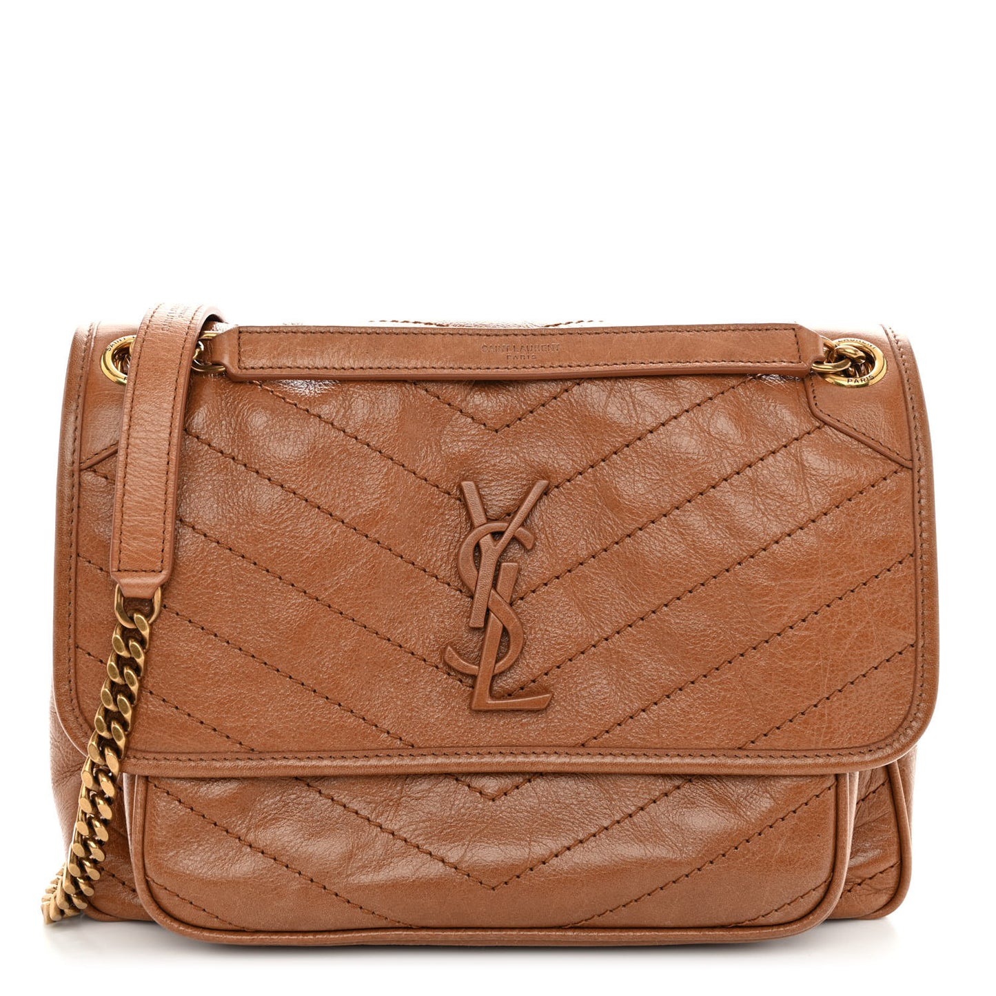Crinkled Calfskin Matelasse Monogram Medium Niki Chain Satchel Light Caramel