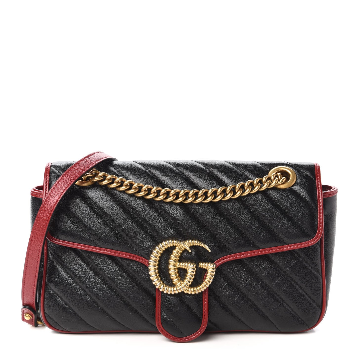 Vintage Effect Calfskin Matelasse Diagonal Small Torchon GG Marmont Shoulder Bag Black Romantic Cherry