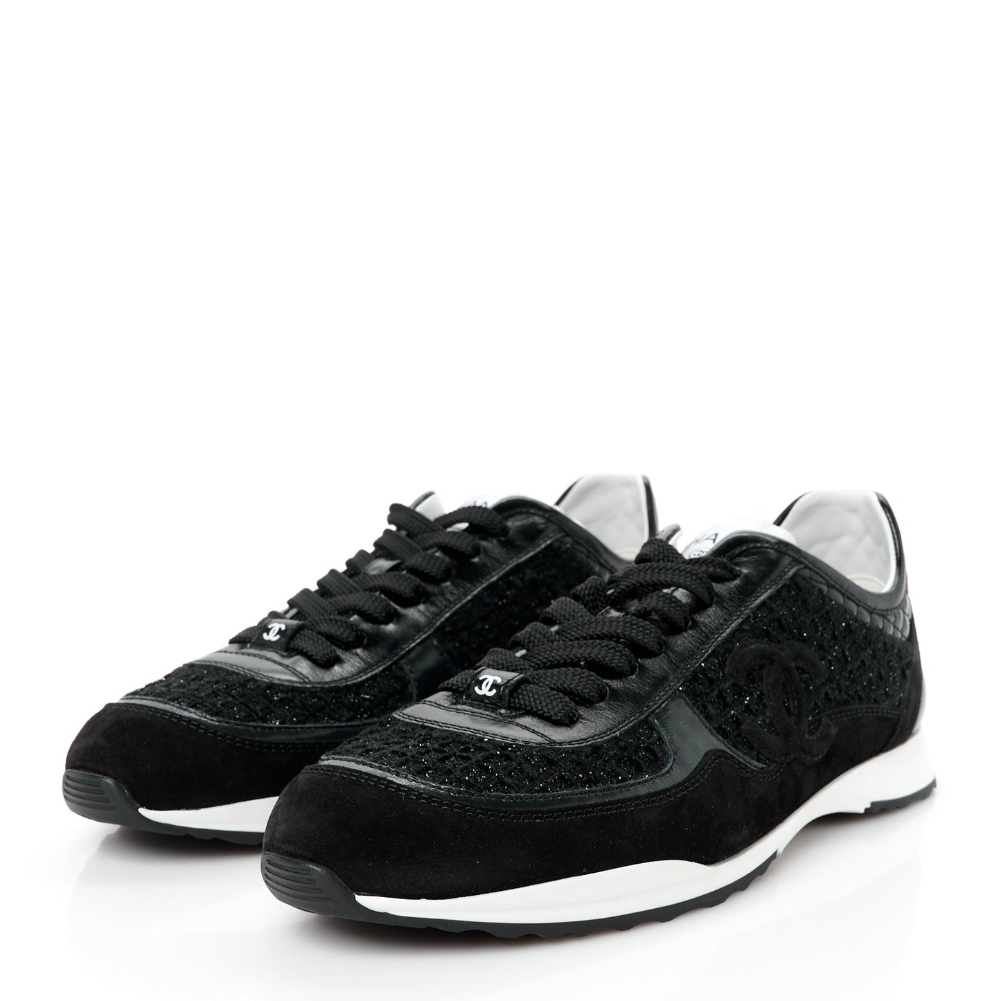 Tweed Suede Shiny Calfskin CC Sneakers 41 Black