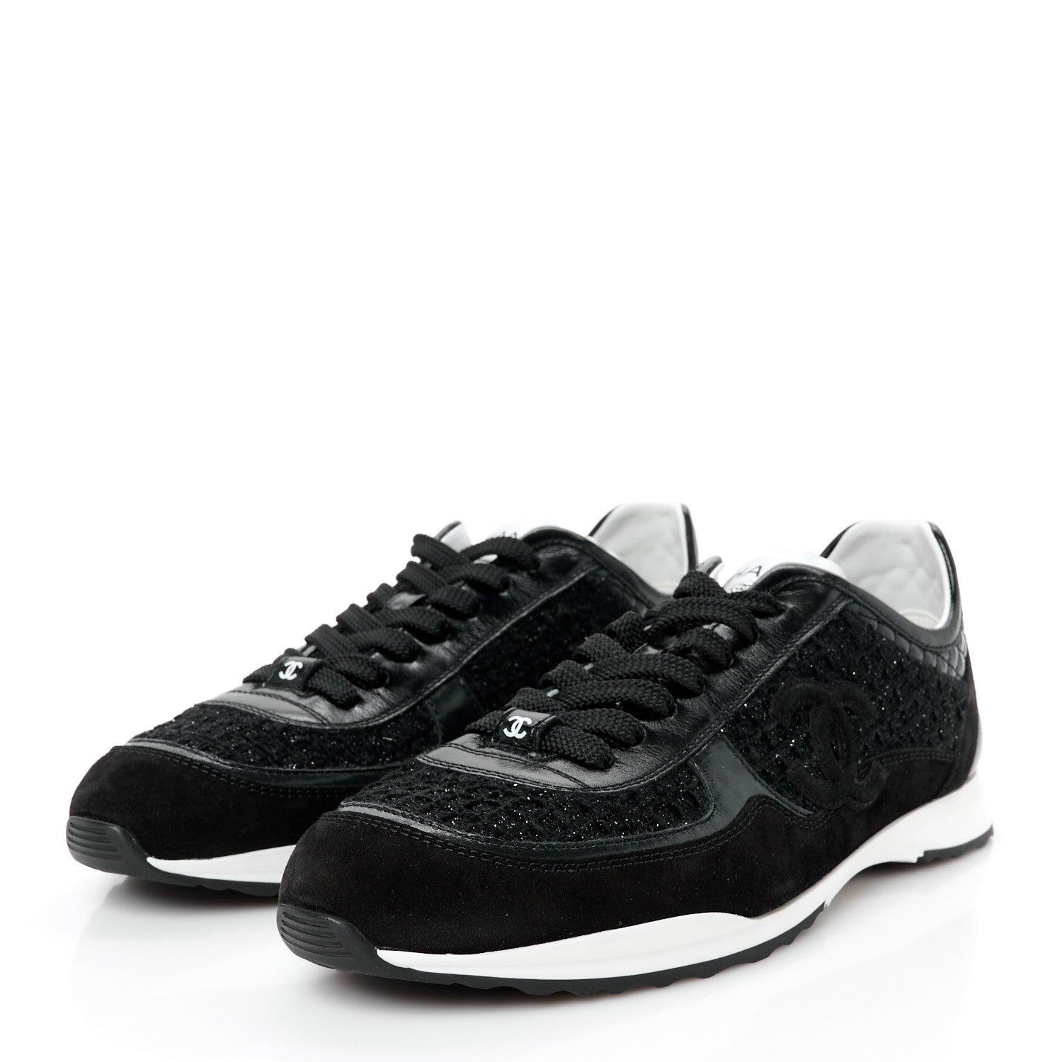 Chanel Tweed Suede Shiny Calfskin CC Sneakers 41 Black 4 of 10