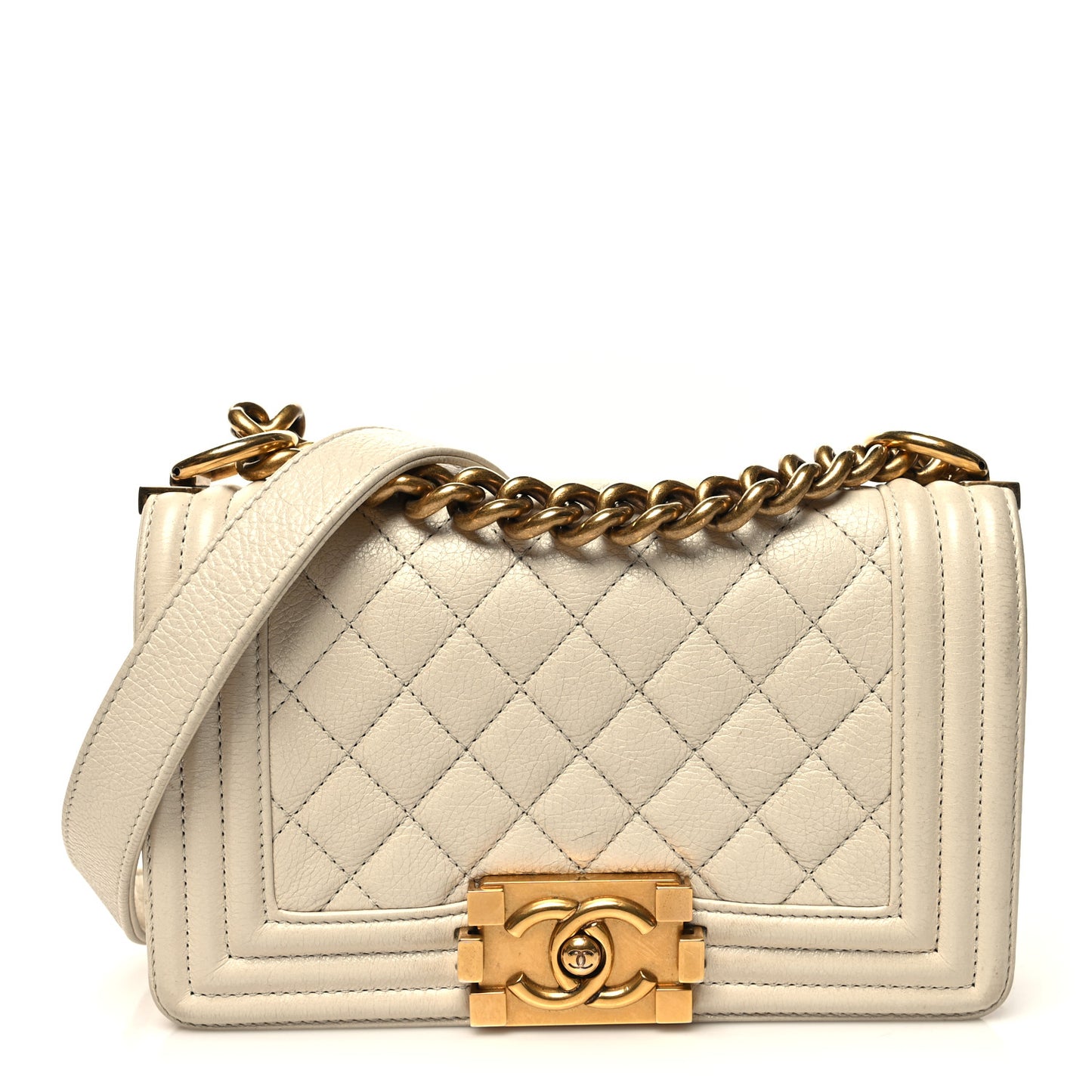 Grained Calfskin Quilted Small Boy Flap White