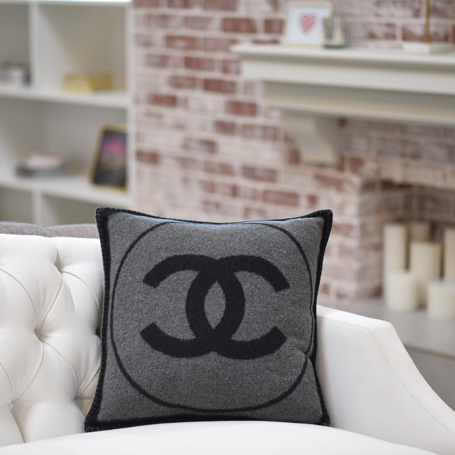 Chanel Merino Wool Cashmere CC Pillow Black Grey 2 of 5