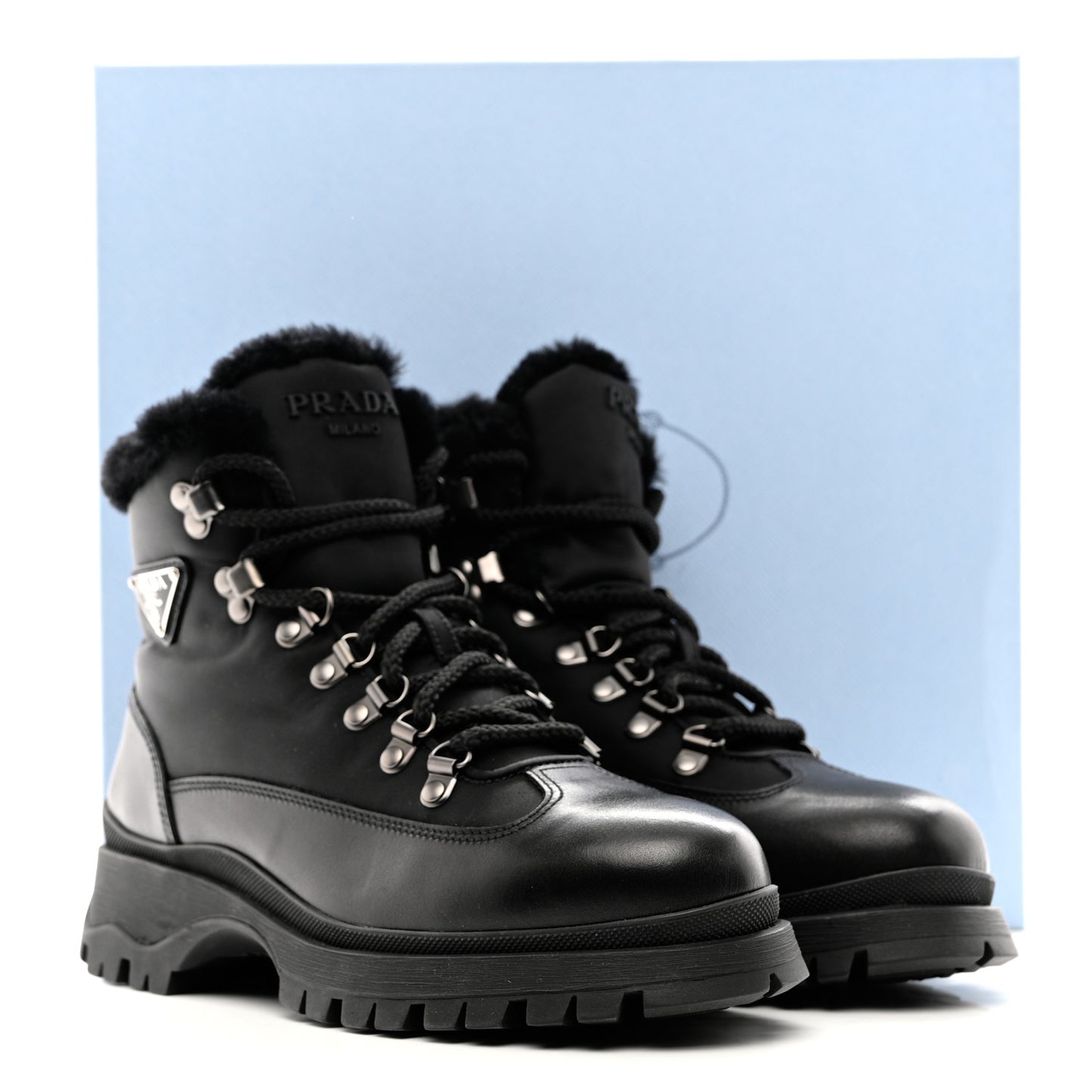 Calfskin Nylon Shearling Metal Triangle Logo Brixxen Boots 37.5 Black