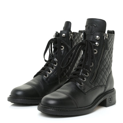 Chanel Calfskin Quilted Lace Up Combat Boots 37 Black 2 of 13
