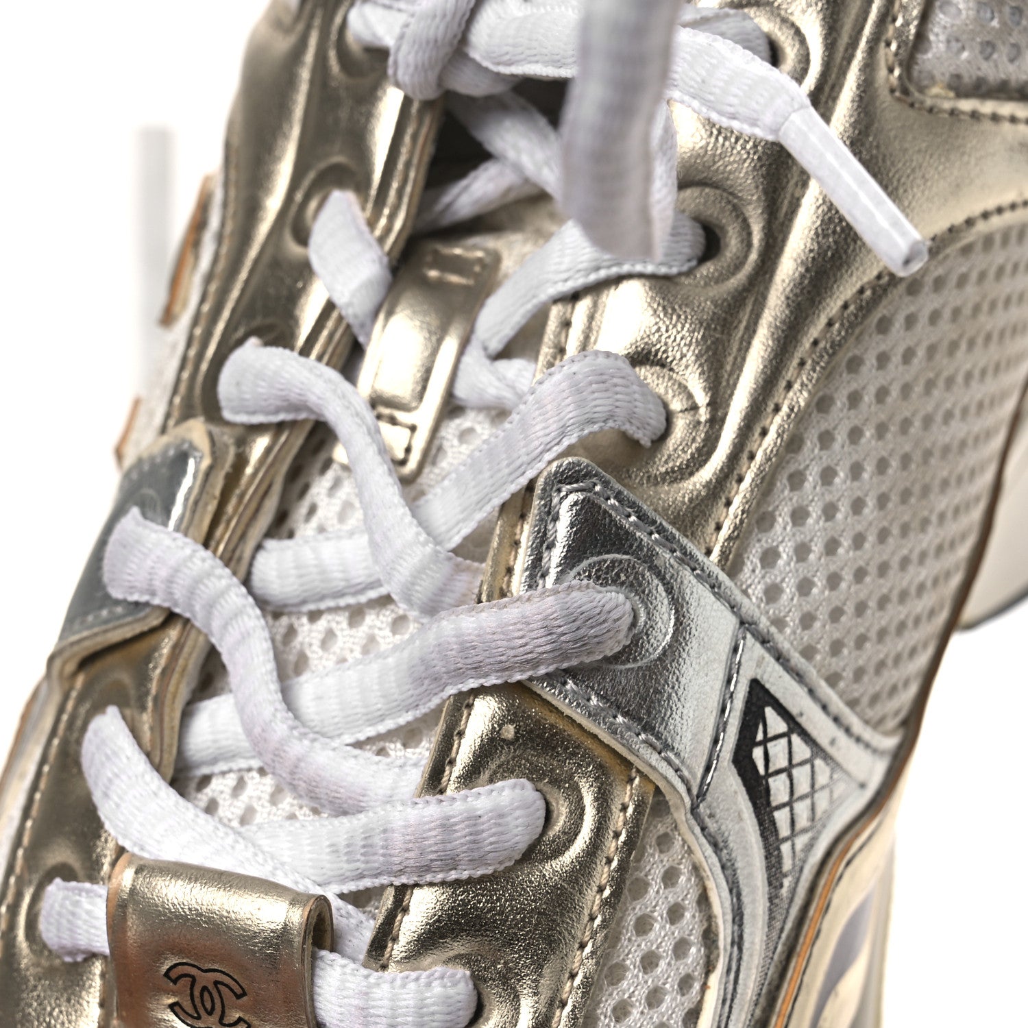 Chanel Fabric Laminated Calfskin Stretch CC Sneakers 37 White Gold Silver 12 of 18
