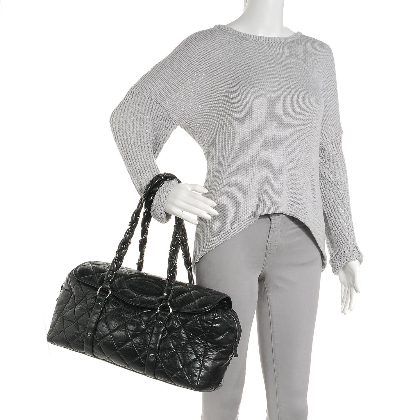 Distressed Lambskin Lady Braid Flap Tote Black