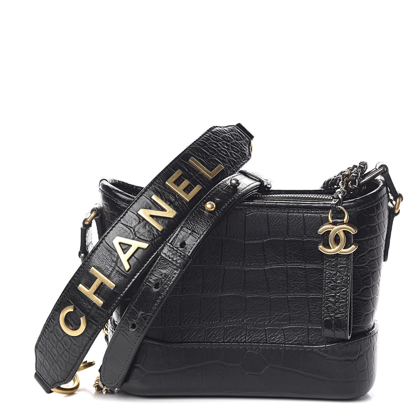 Calfskin Crocodile Embossed Small Gabrielle Cocodile Hobo Black