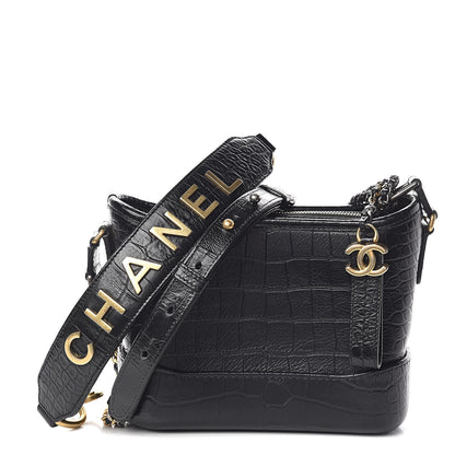 Chanel Calfskin Crocodile Embossed Small Gabrielle Cocodile Hobo Black 2 of 11