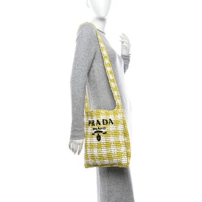 Prada Yarn Raffia Effect Crochet Embroidered Logo Tote Messenger Bag Citron Yellow 2 of 10