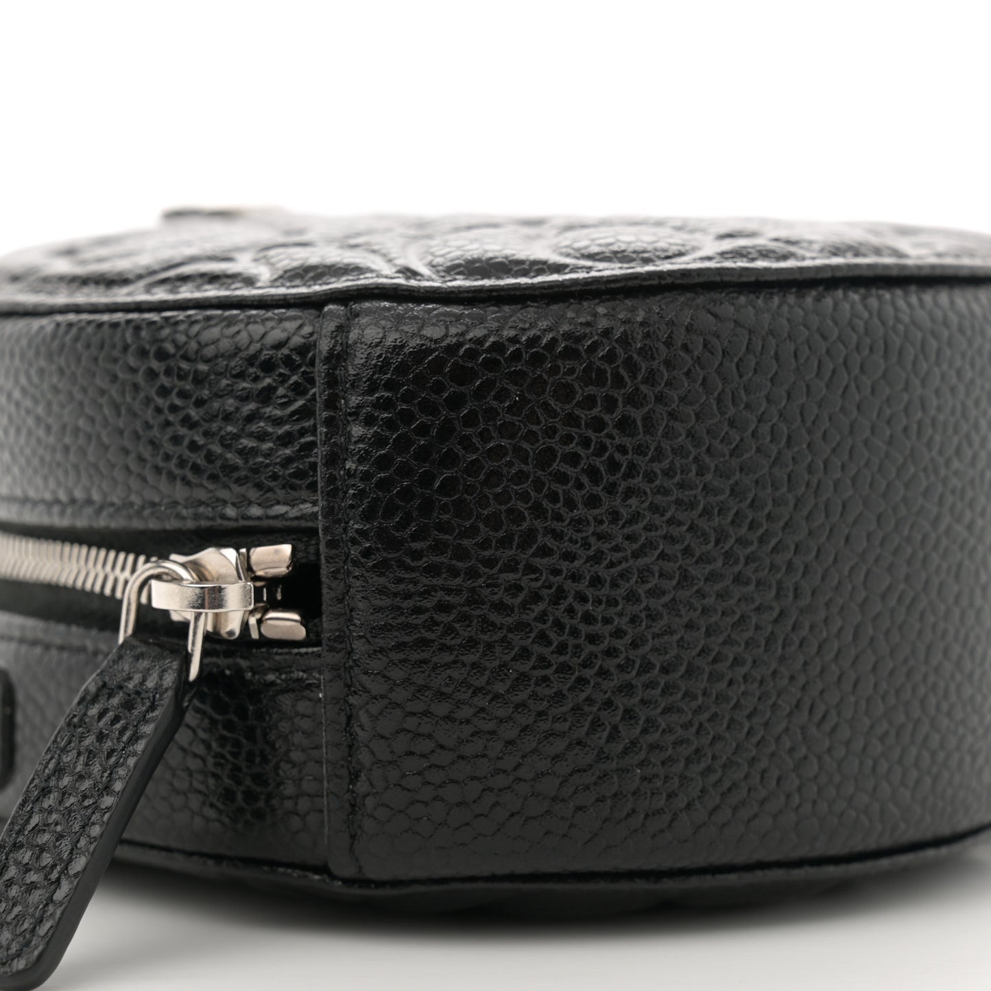 Caviar Camellia Embossed Round Clutch With Chain Black