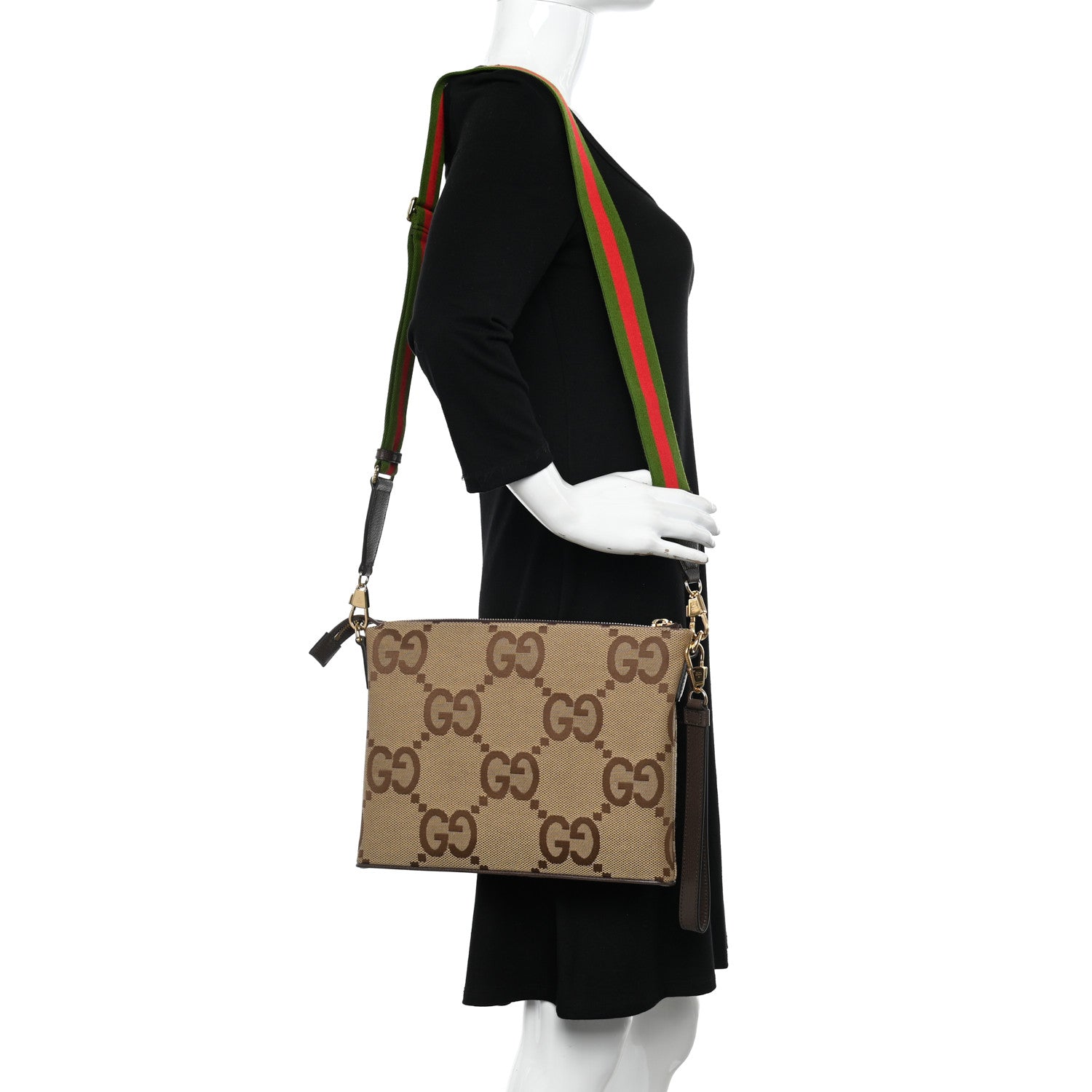 Gucci Monogram Jumbo GG Textured Dollar Calfskin Web Wristlet Messenger Bag Camel Ebony New Acero 2 of 11