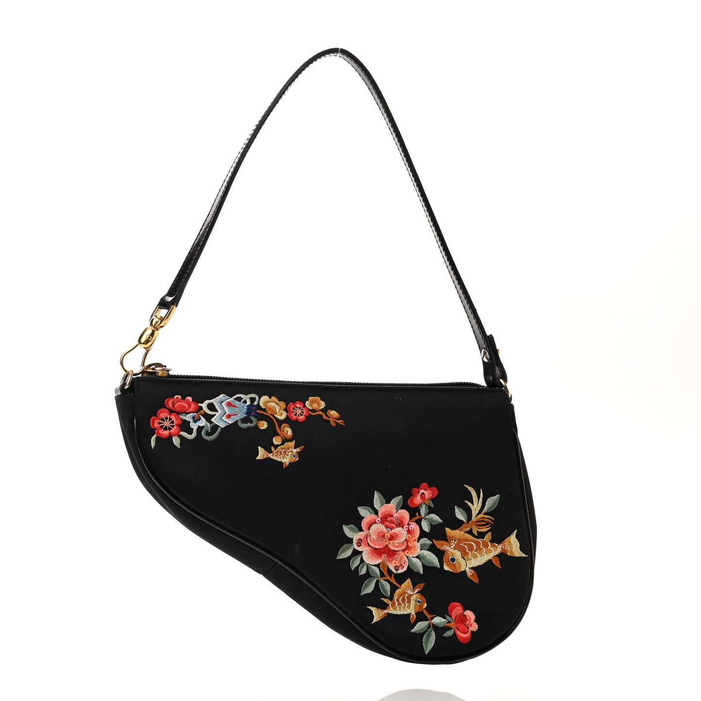 Satin Embroidered Koi Saddle Bag Black