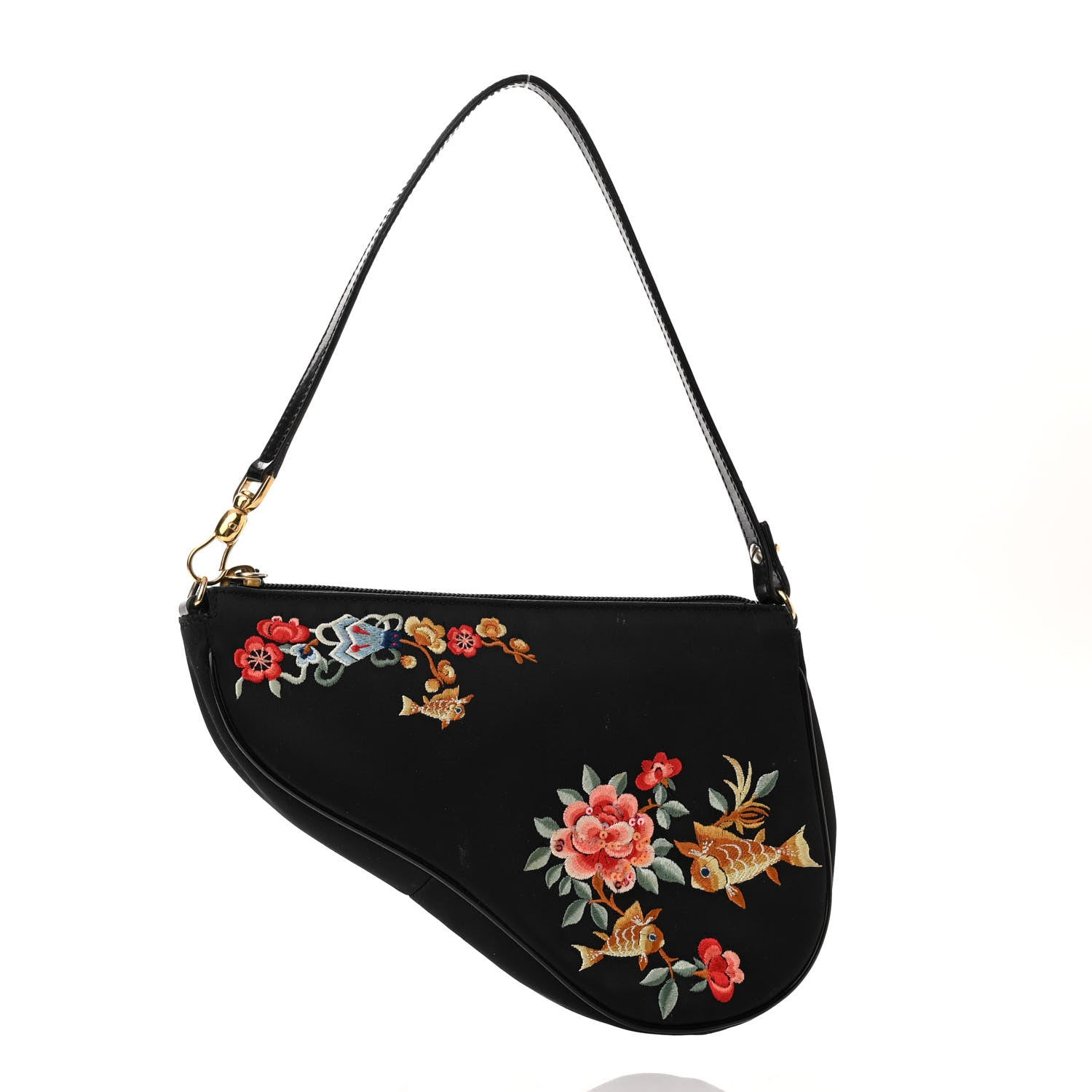 Christian Dior Satin Embroidered Koi Saddle Bag Black 3 of 10