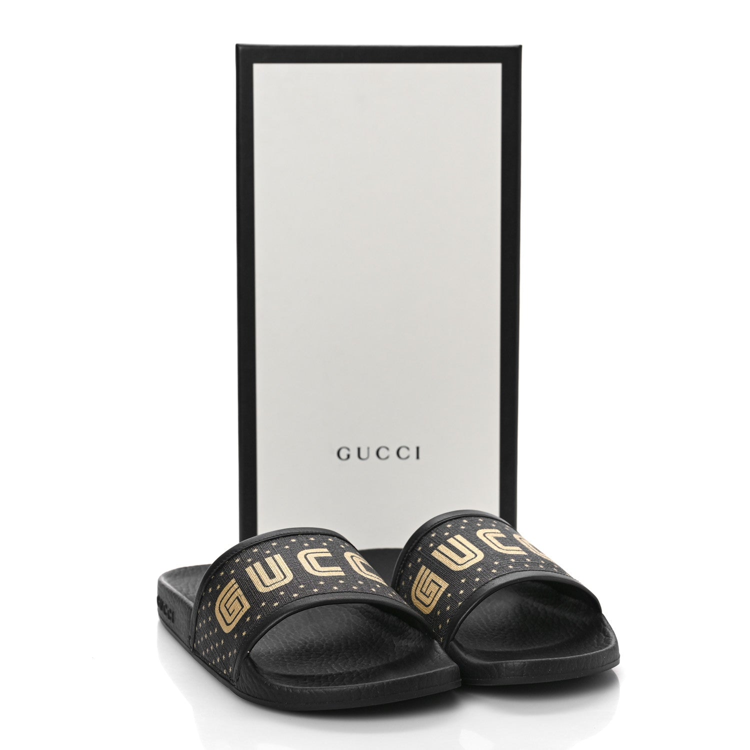 Gucci X SEGA Supreme Canvas Guccy Stars Womens Slide Sandals 35 Black Gold 8 of 8