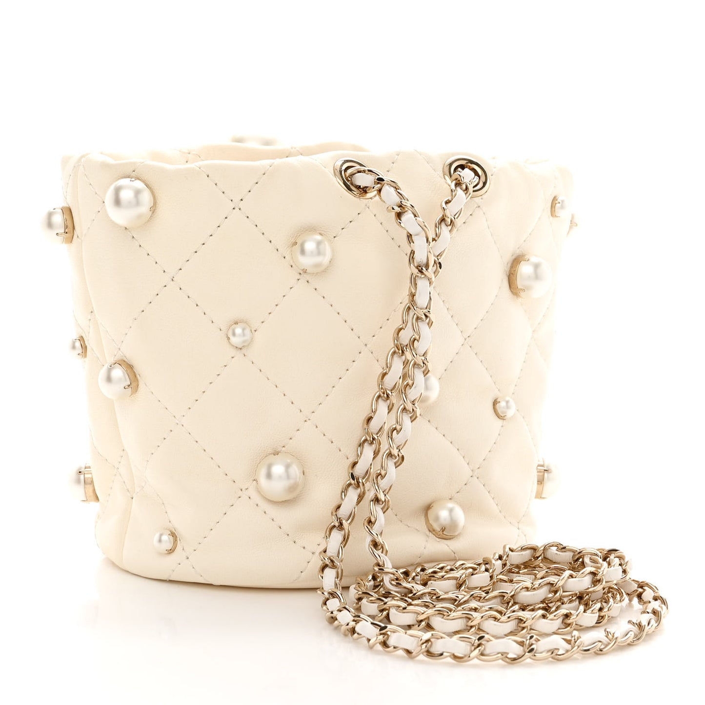 Lambskin Quilted Pearl Mini About Pearls Drawstring Bag White