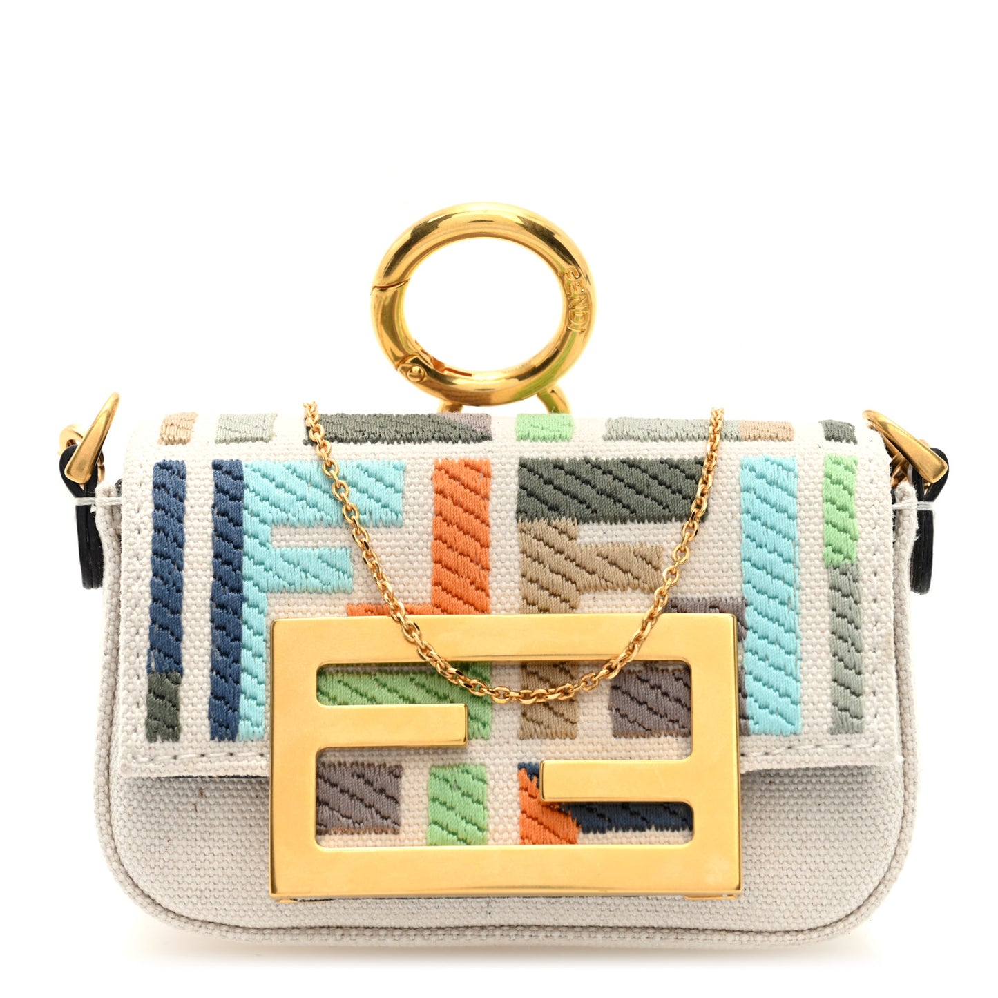 Canvas Nappa FF Multicolor Embroidered Nano Maxi Buckle Baguette Charm Grezzo Multicolor Latte
