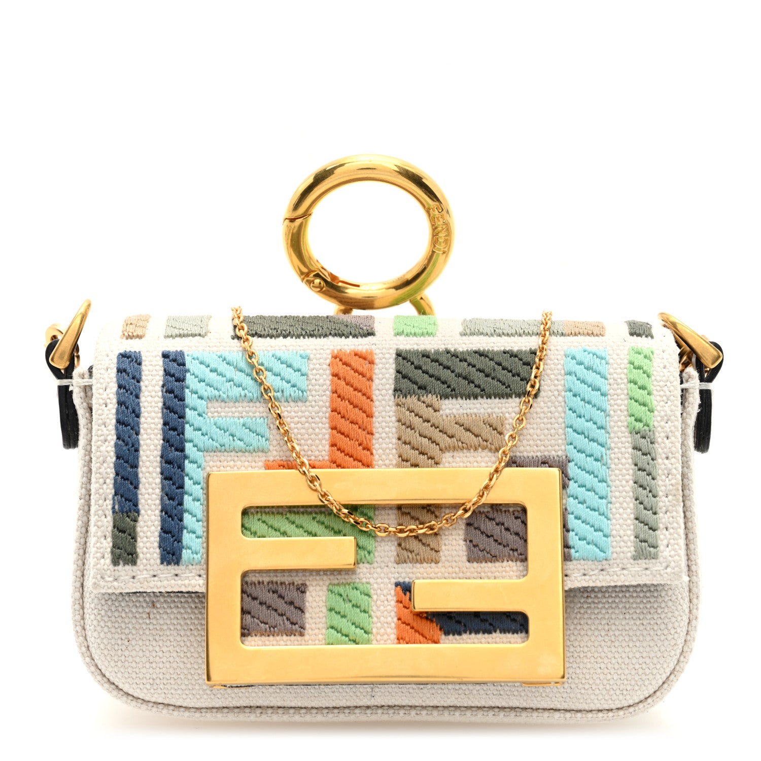 Fendi Canvas Nappa FF Multicolor Embroidered Nano Maxi Buckle Baguette Charm Grezzo Multicolor Latte 1 of 9