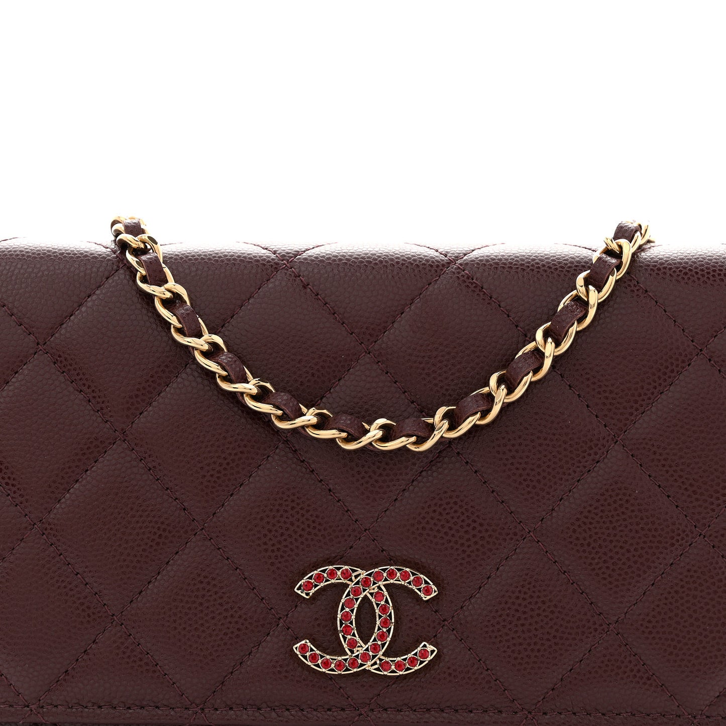 Shiny Caviar Quilted Strass Wallet On Chain WOC Bordeaux