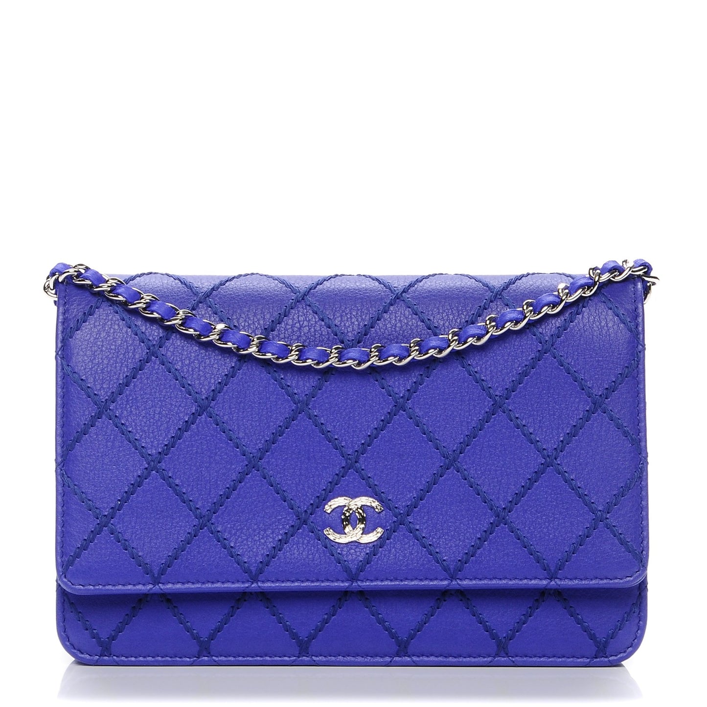 Calfskin Quilted Fancy CC Wallet On Chain WOC Blue