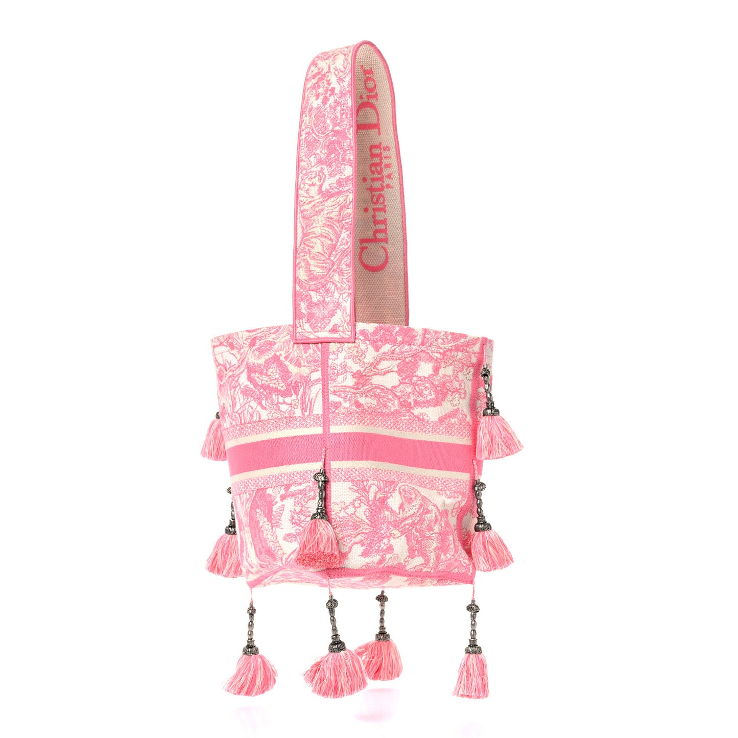 Canvas Reverse Embroidered Toile De Jouy D-Bubble Bucket Bag Peony Pink