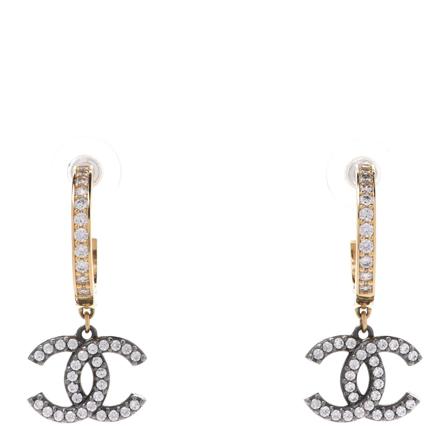 Chanel Crystal Lock Symbols CC Hoop Drop Earrings Gold Ruthenium 1 of 5