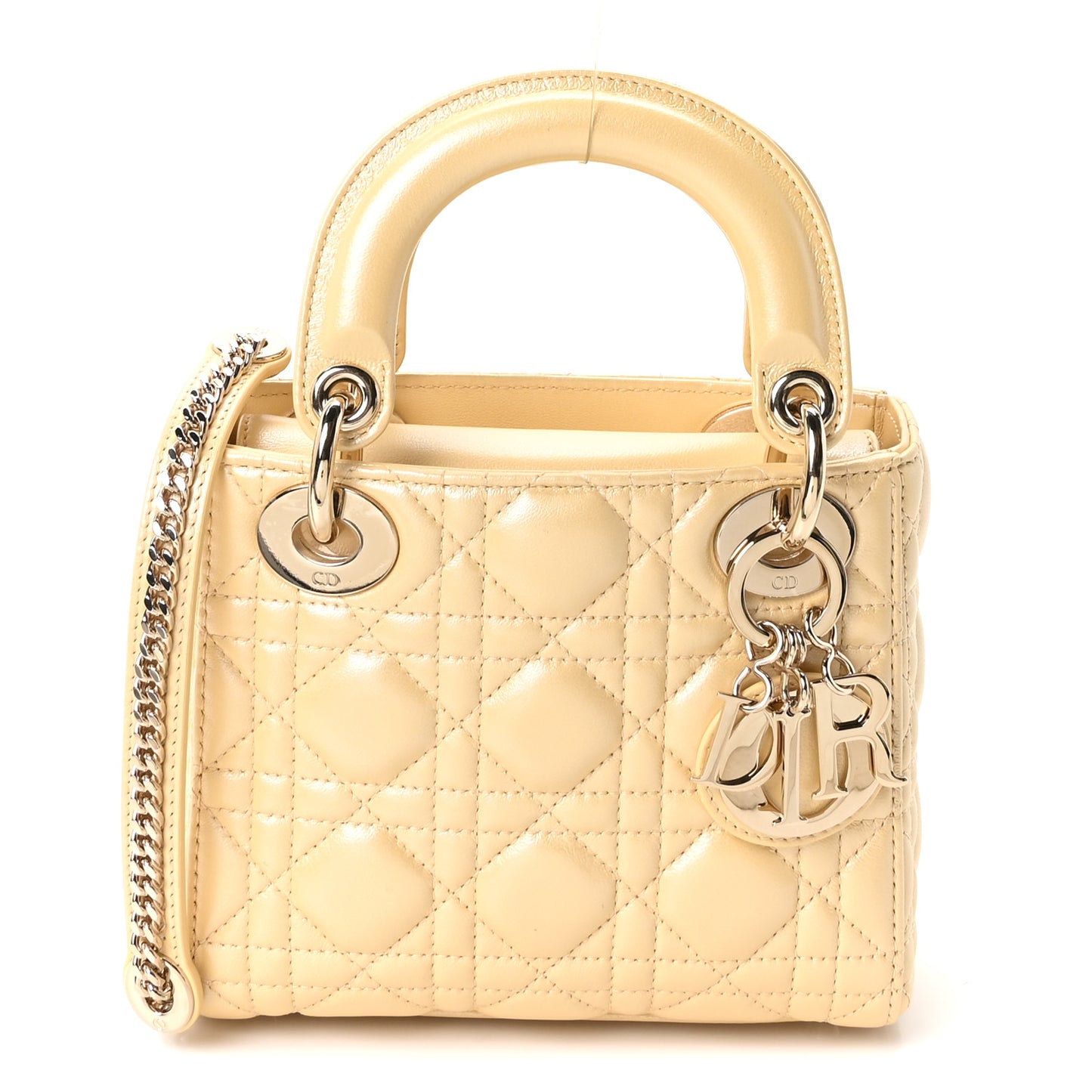 Iridescent Metallic Lambskin Cannage Mini Lady Dior Soft Yellow