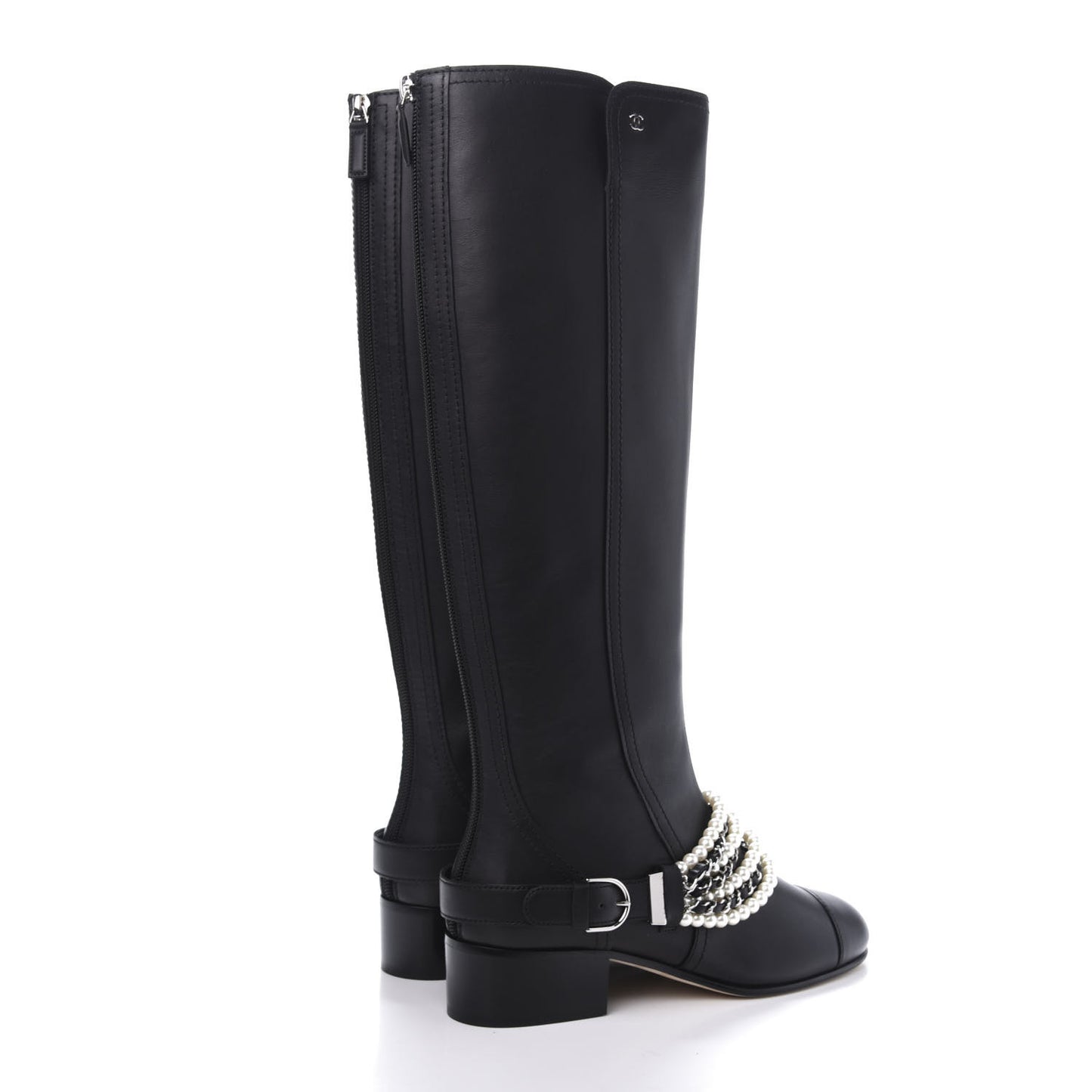 Calfskin Pearl Cap Toe High Boots 39 Black
