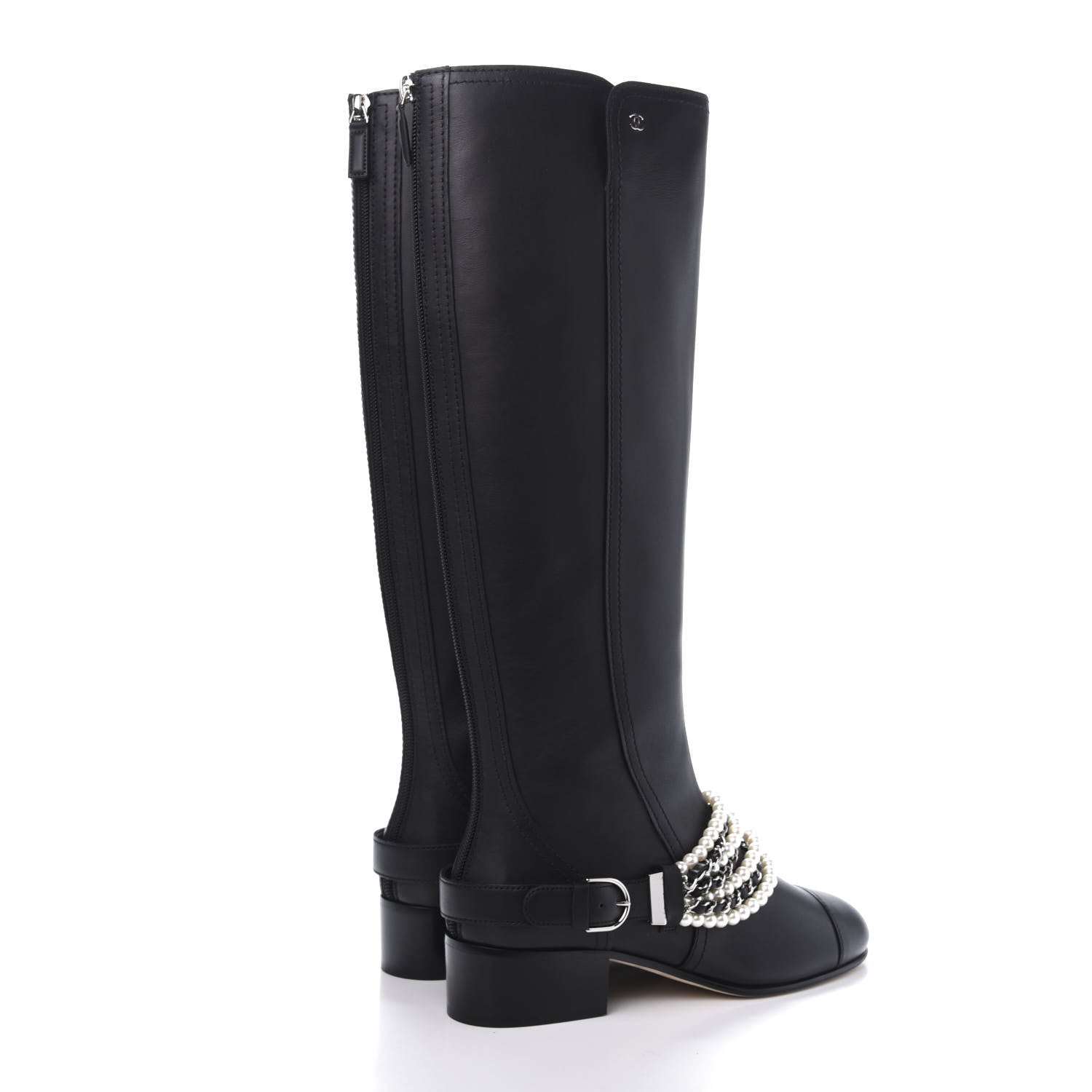 Chanel Calfskin Pearl Cap Toe High Boots 39 Black 5 of 10
