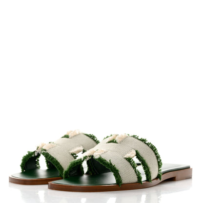 Hermes Toile H Oran Fringe Sandals 35 Vert 3 of 9