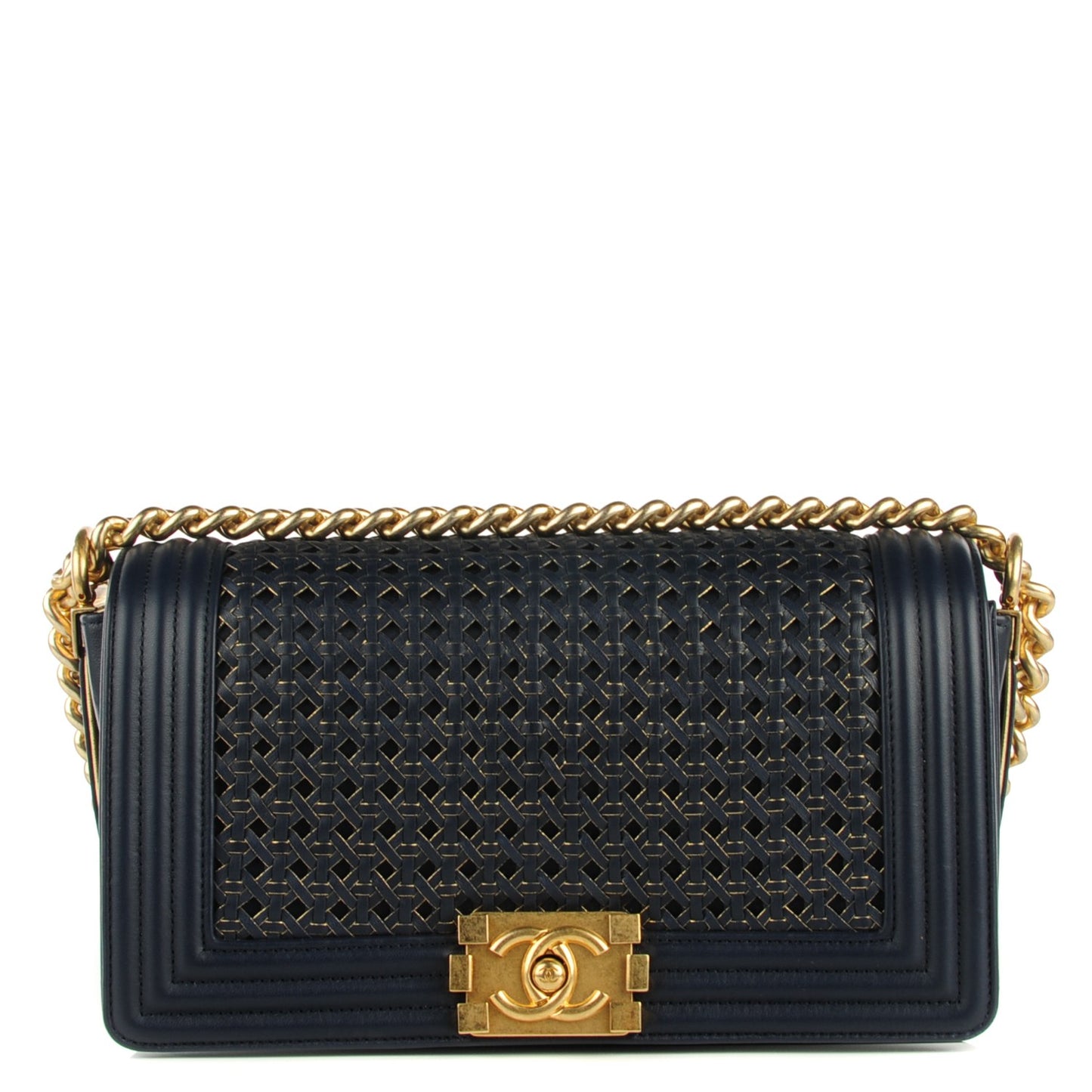 Braided Sheepskin Medium Boy Reverso Flap Navy Blue