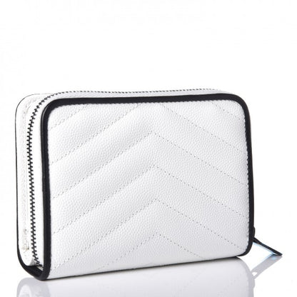 Saint Laurent Grain De Poudre Matelasse Chevron Monogram Compact Zip Around Wallet Optical White Black 3 of 8