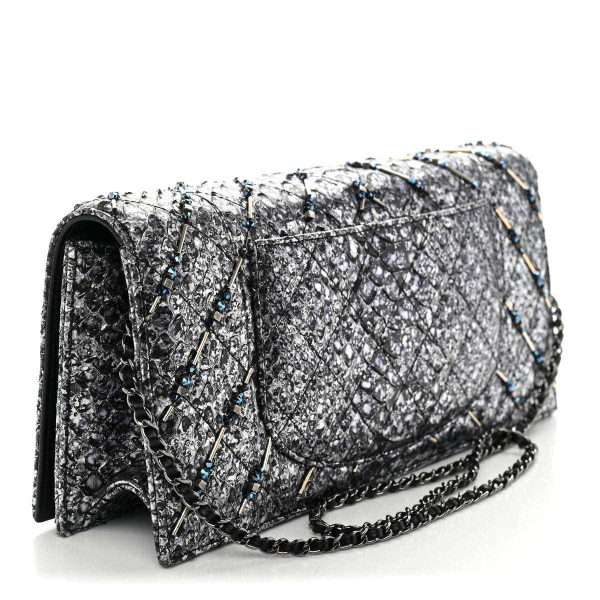 Chanel Metallic Snakeskin Quilted Beaded Chain Clutch Black Silver 6 of 23