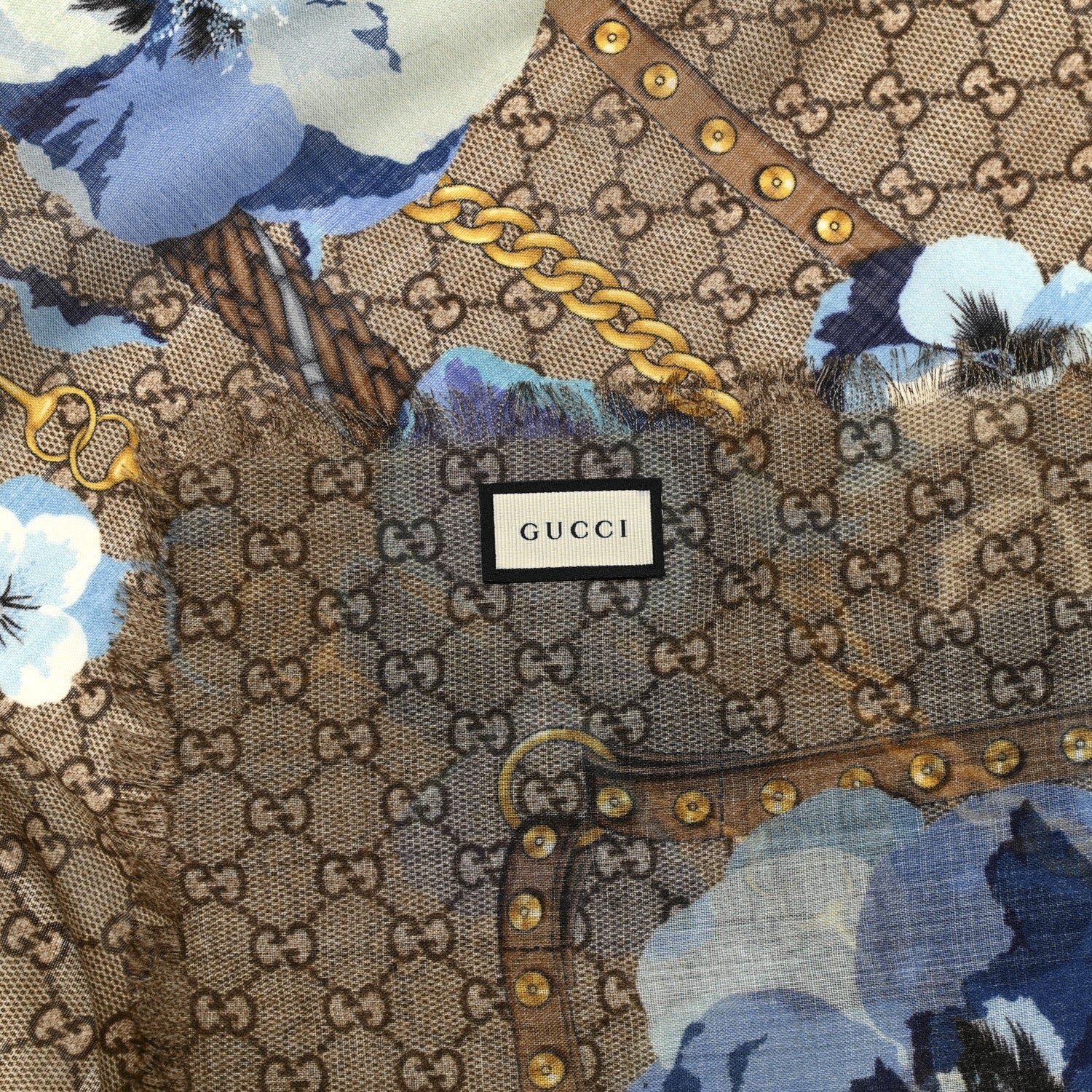 Gucci Wool Jacquard GG Monogram Big Panshie Fringe Shawl Sapphire Beige 4 of 4