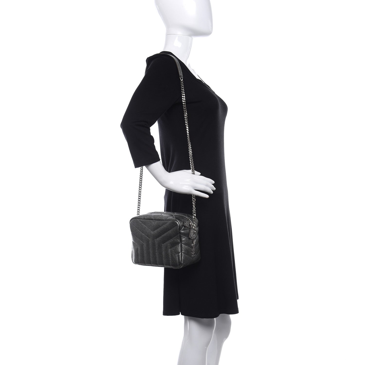 Saint Laurent Metallic Grain De Poudre Y Quilted Monogram Small Loulou Bowling Bag Gun Metal 2 of 9