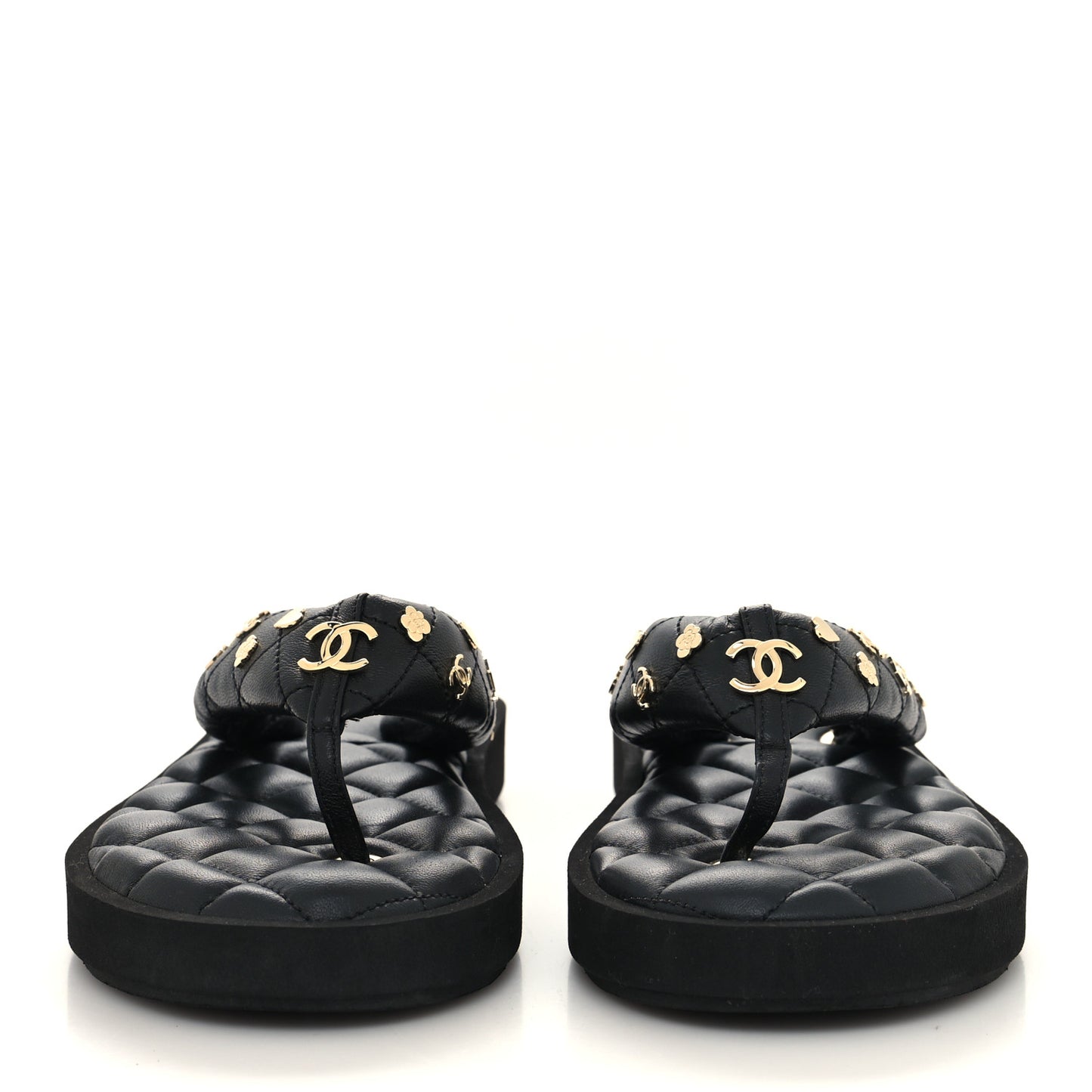 Lambskin Quilted Padded Charms Thong Sandals 40 Black
