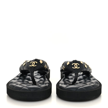 Chanel Lambskin Quilted Padded Charms Thong Sandals 40 Black 2 of 6