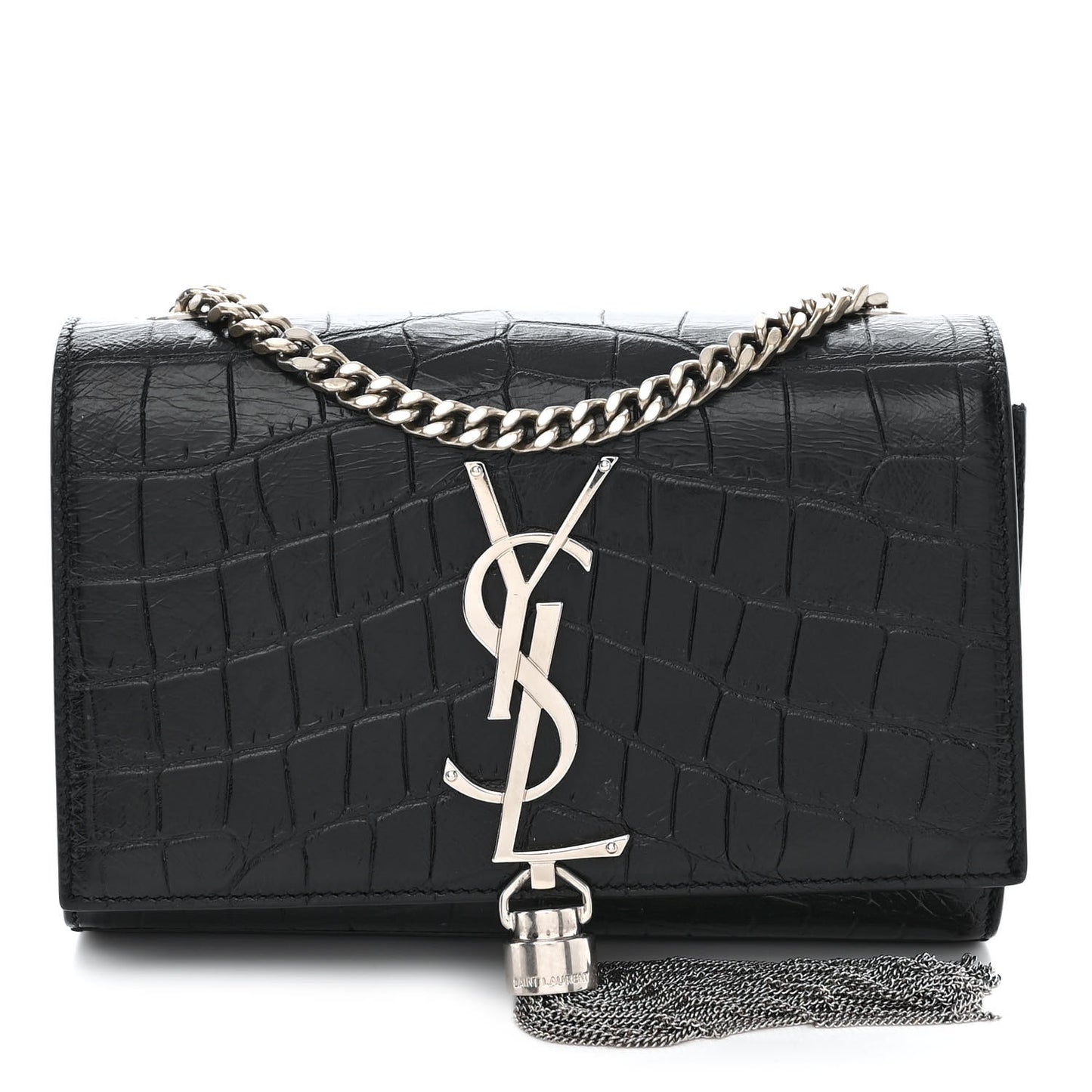 Calfskin Crocodile Embossed Small Classic Monogram Kate Tassel Satchel Black