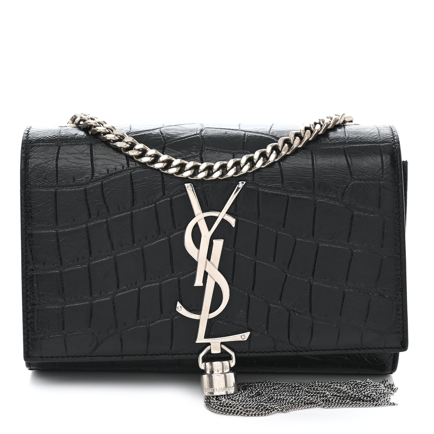 Saint Laurent Calfskin Crocodile Embossed Small Classic Monogram Kate Tassel Satchel Black 1 of 14